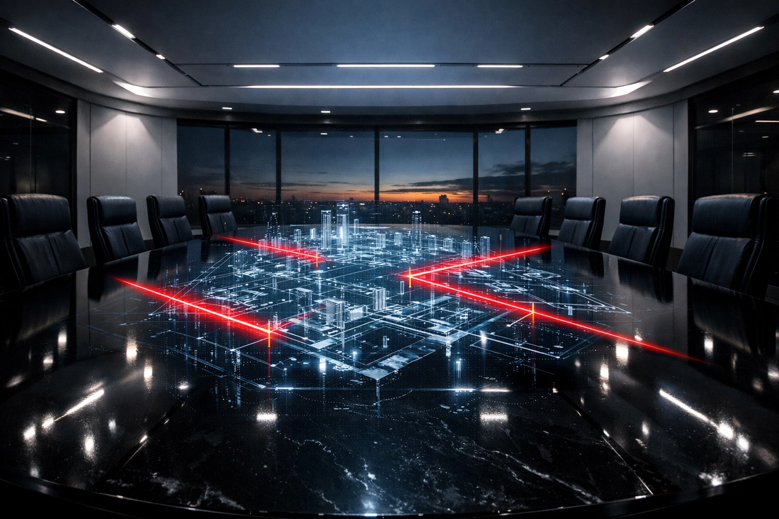 Futuristic boardroom displaying a holographic security grid representing a defensibility trail and IT governance.