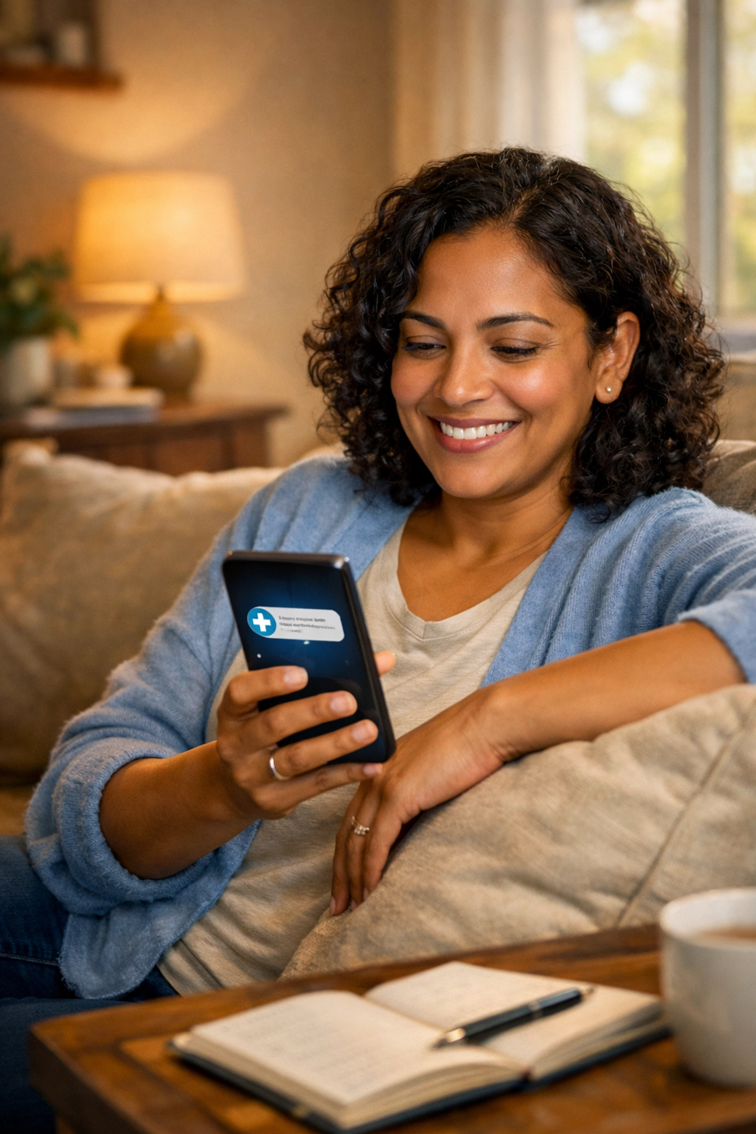 Patient consulting with doctor from home using text-based telehealth on smartphone