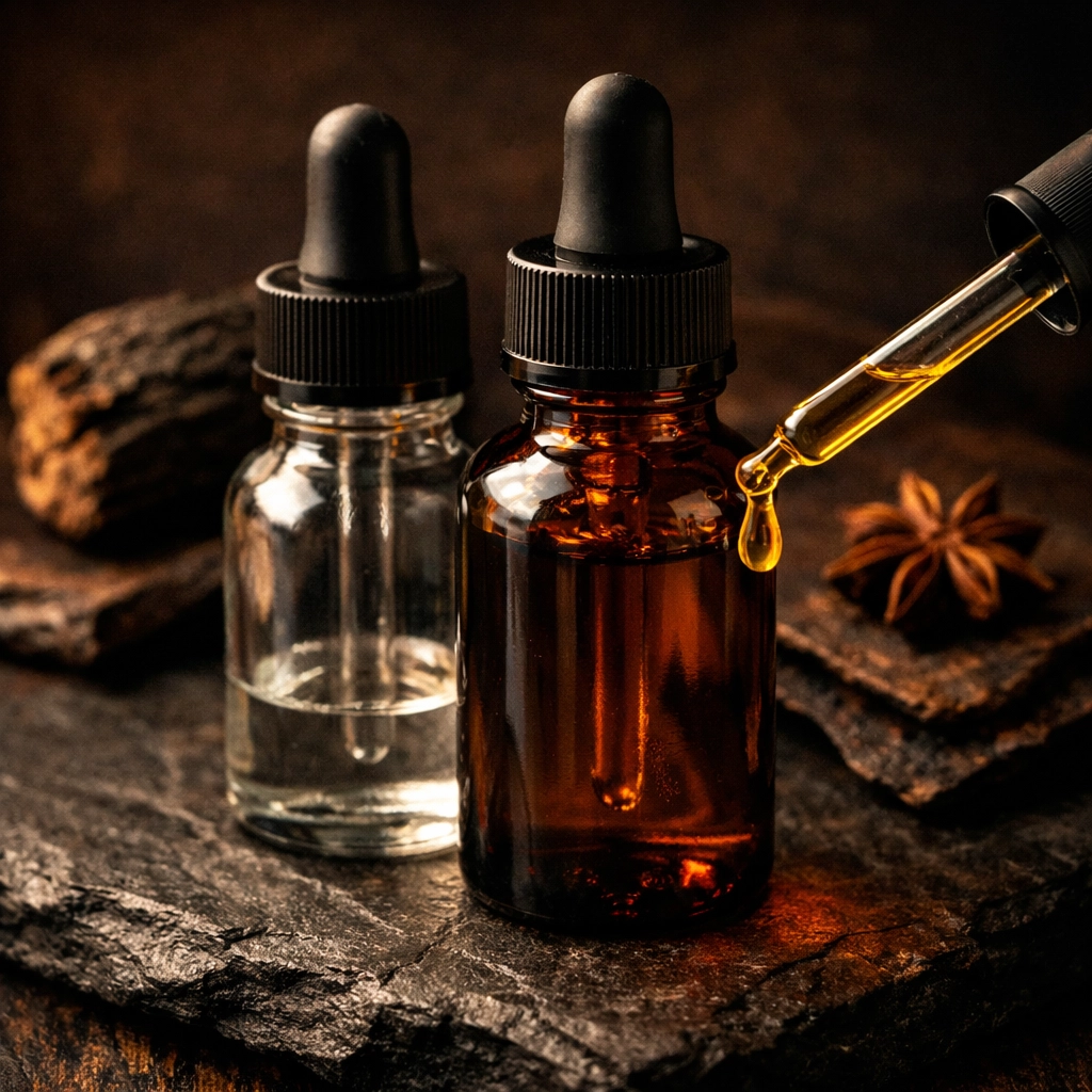 Premium amber glass beard oil bottle with golden oil droplet highlighting parfum extrait quality ingredients.