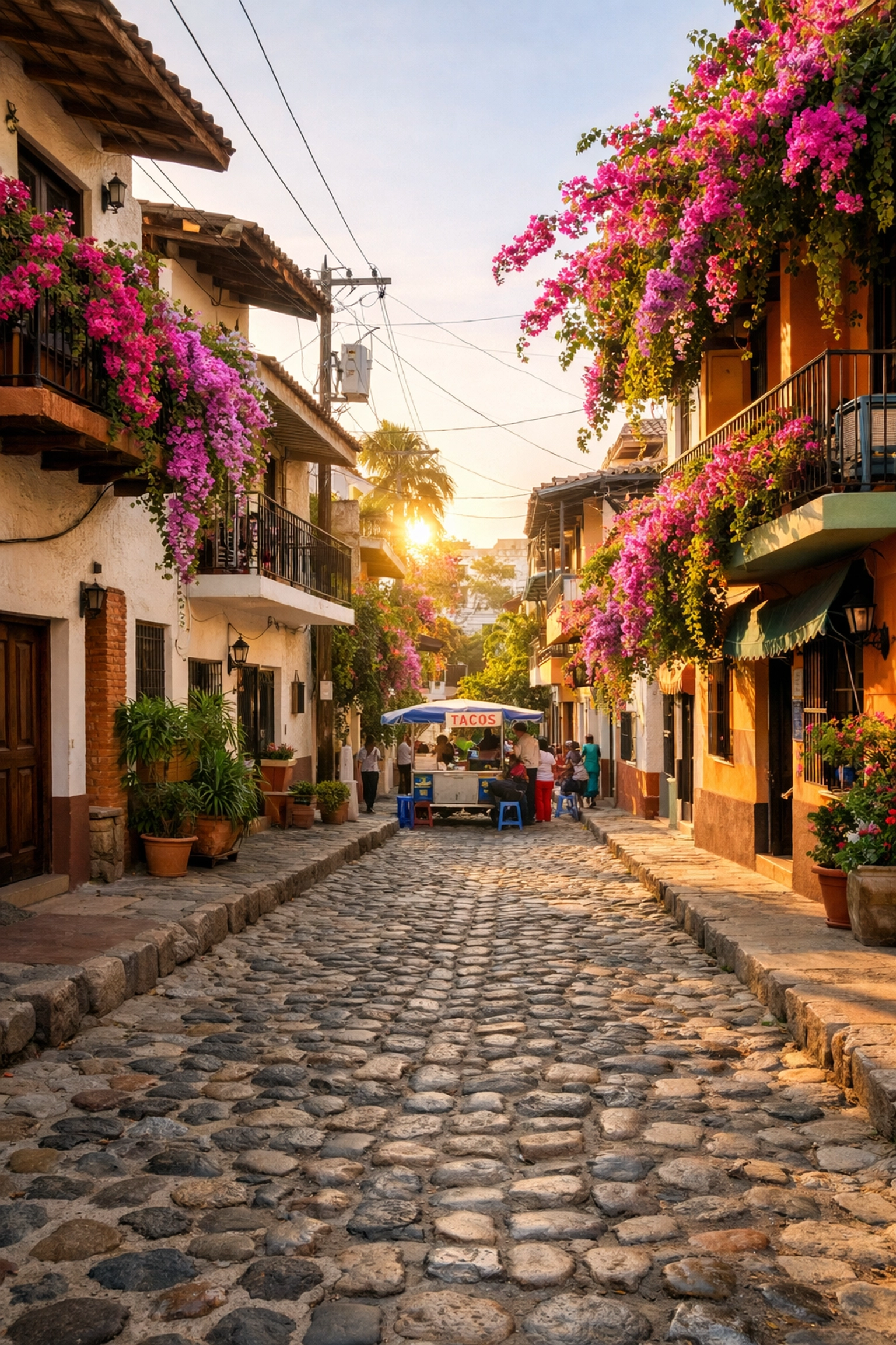 Quiet Amapas neighborhood street with hidden taco cart in Puerto Vallarta