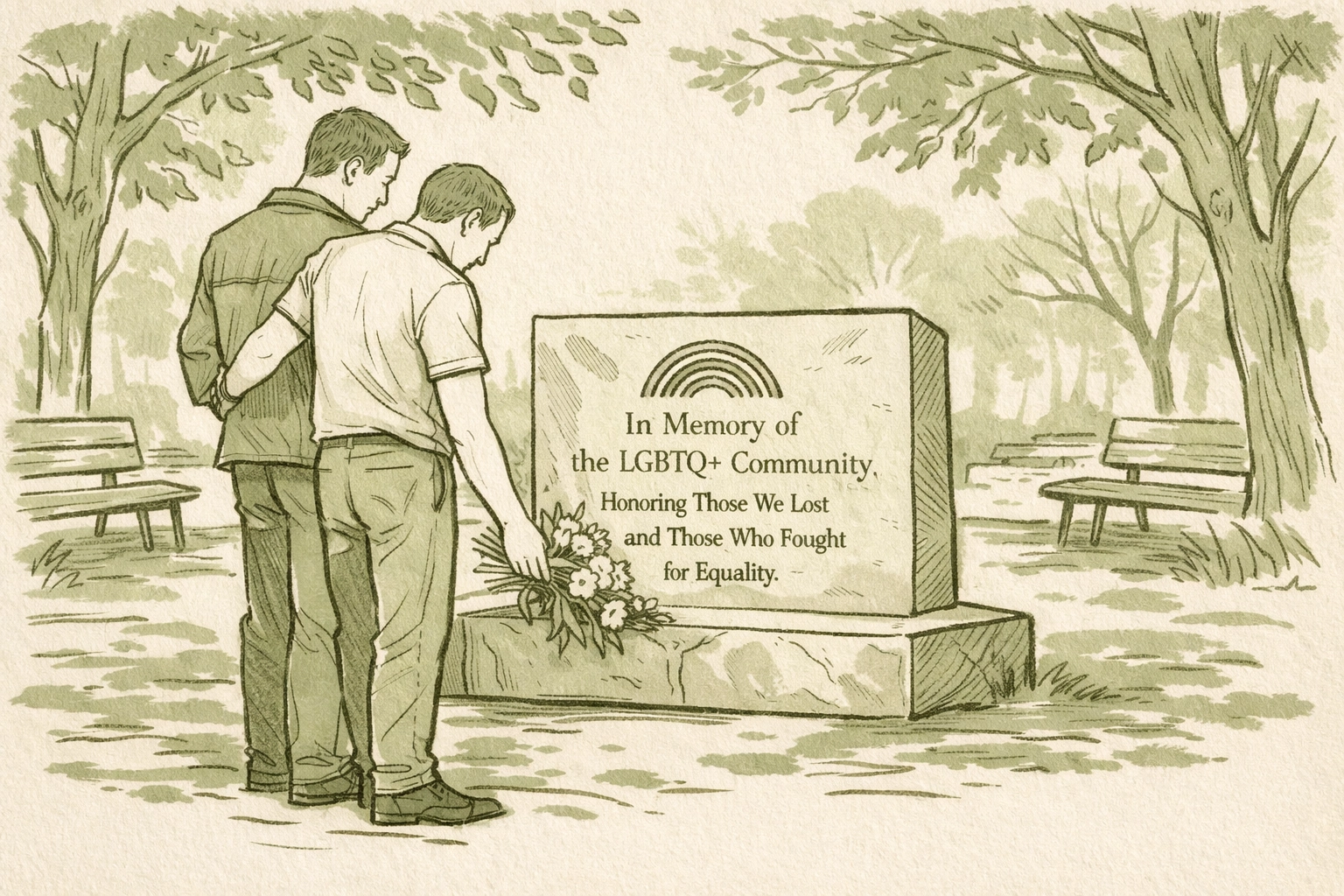 Men paying respects at the Gay and Lesbian Holocaust Memorial in Green Park, Darlinghurst