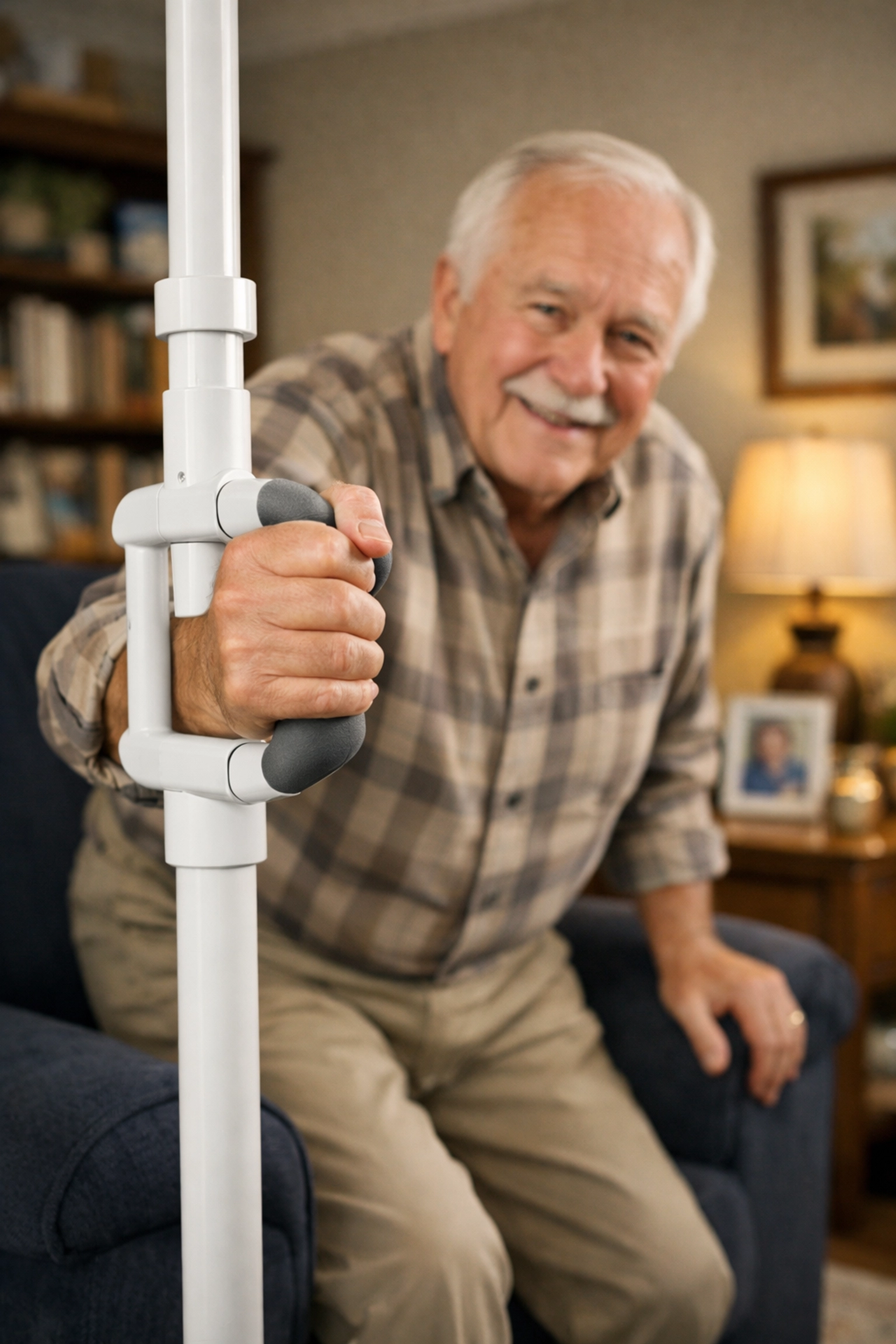 Senior man using a floor-to-ceiling independence pole to safely stand up from a chair at home.