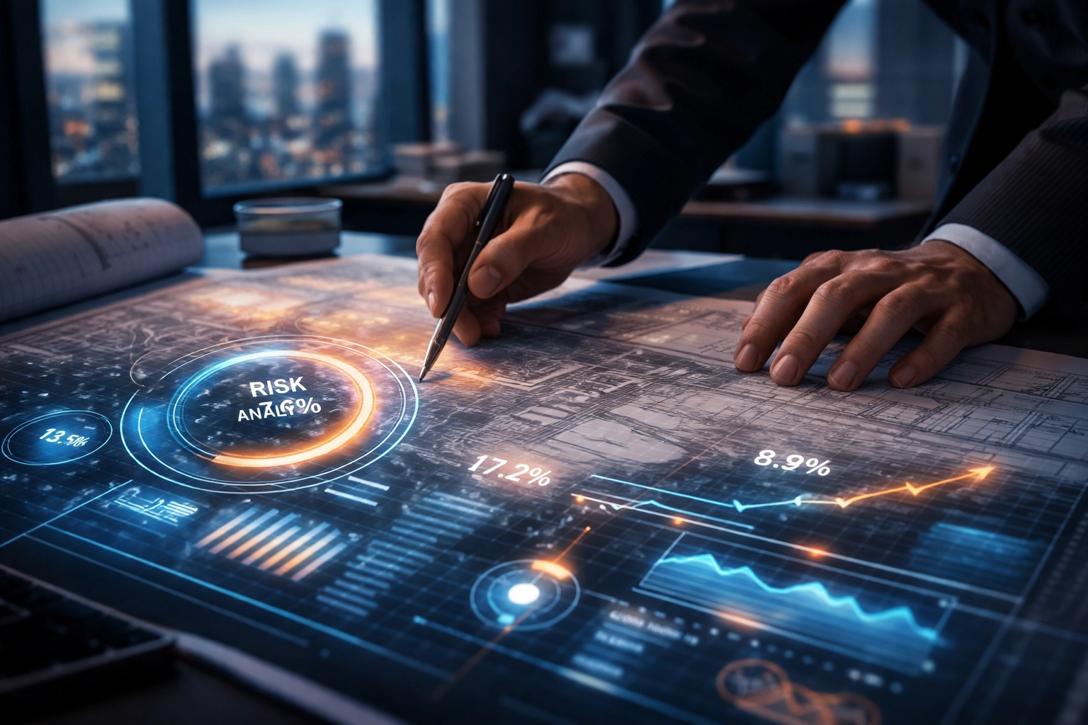 Investor analyzing portfolio data and risk metrics for private equity due diligence
