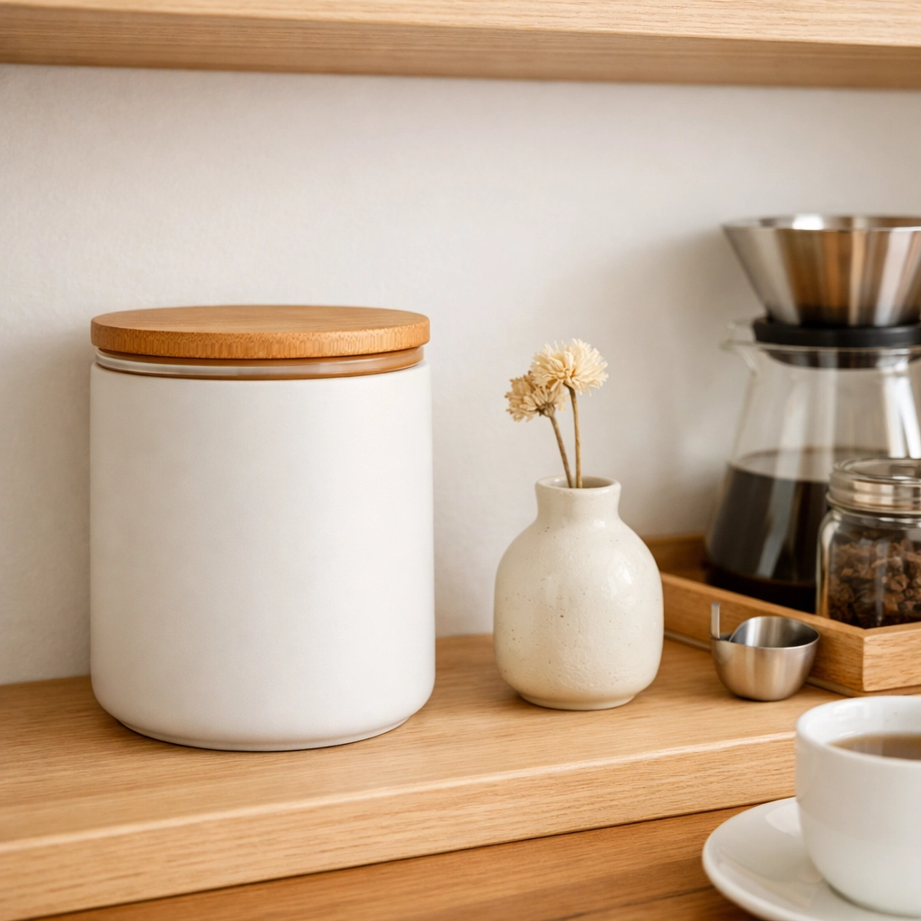 Airtight ceramic canister on a wooden shelf for storing coffee beans away from sunlight.