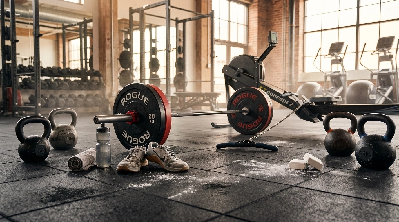High-energy gym essentials including kettlebells, a loaded barbell, rowing machine details, and training gear in a modern fitness setting.