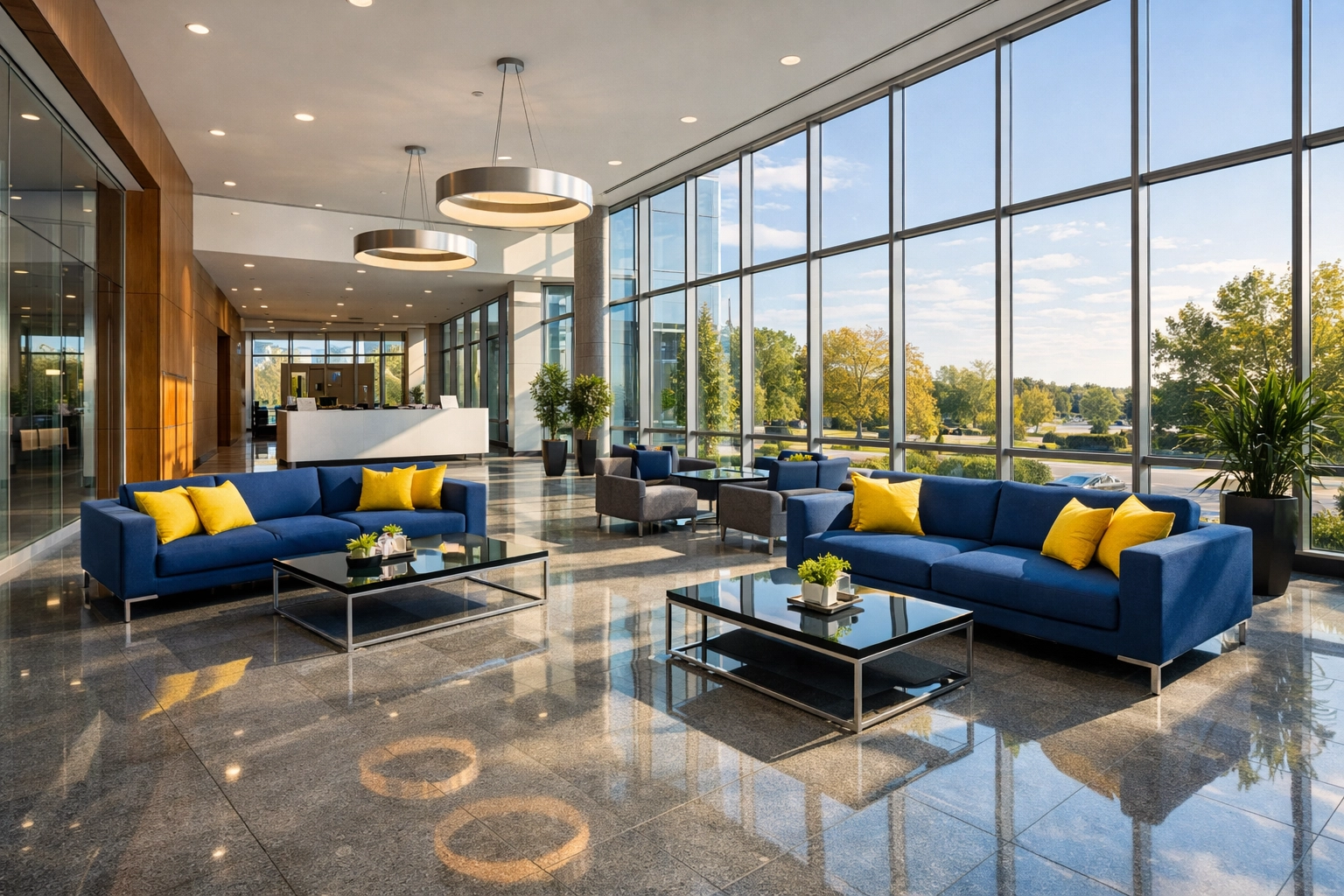Polished stone floors in a modern Danvers office lobby reflecting high standards of commercial maintenance.