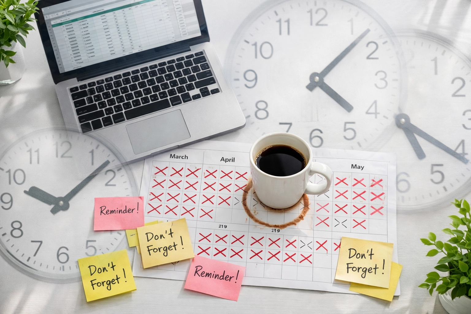 Office desk with repeated calendar entries showing business stagnation and routine patterns Office desk with repeated calendar entries showing business stagnation and routine patterns