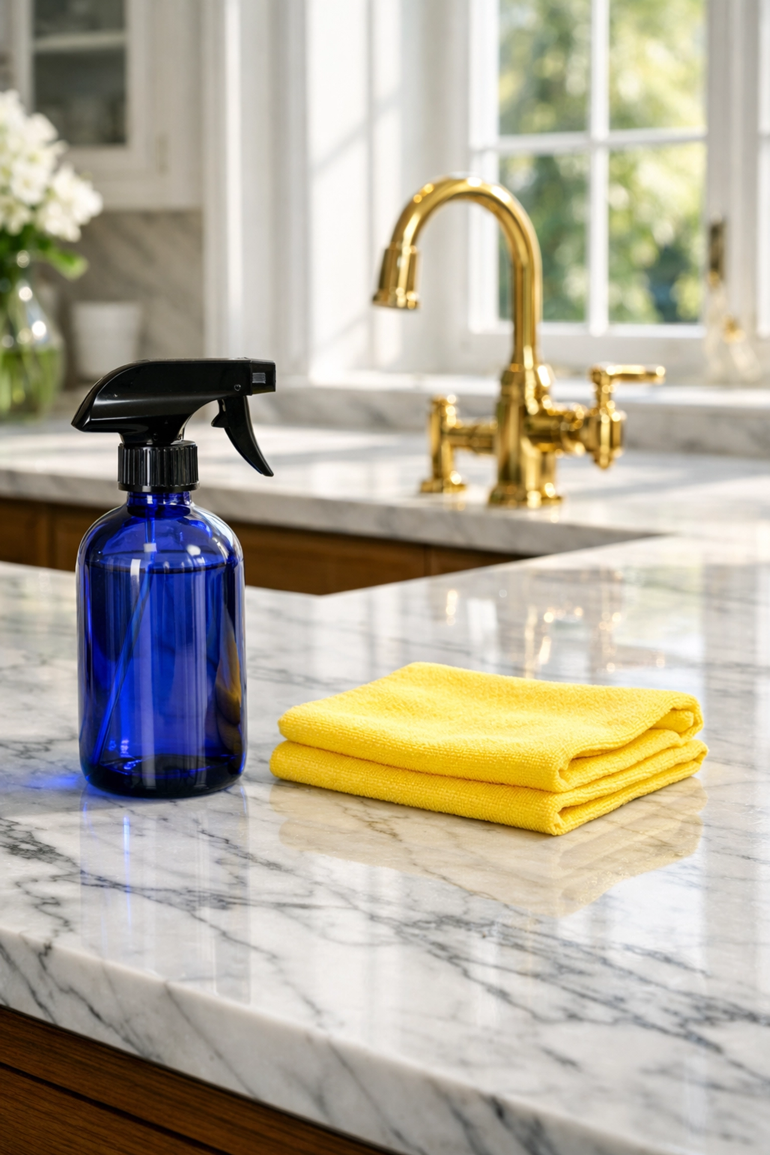 Eco-friendly residential cleaning Massachusetts on a luxury marble kitchen island in a Dover home.