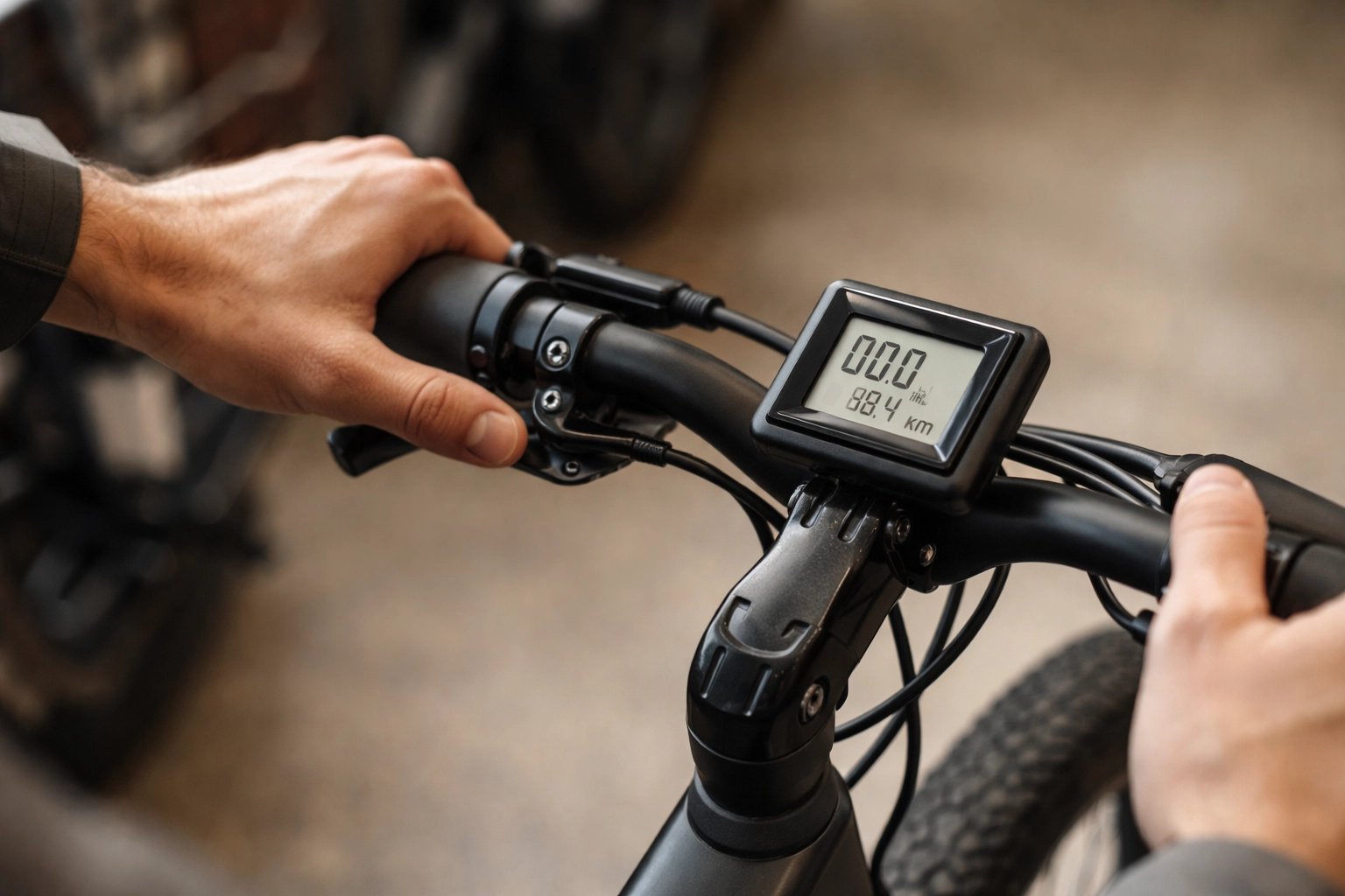 Close-up of hands inspecting e-bike brakes and battery before a UK electric bike hire ride