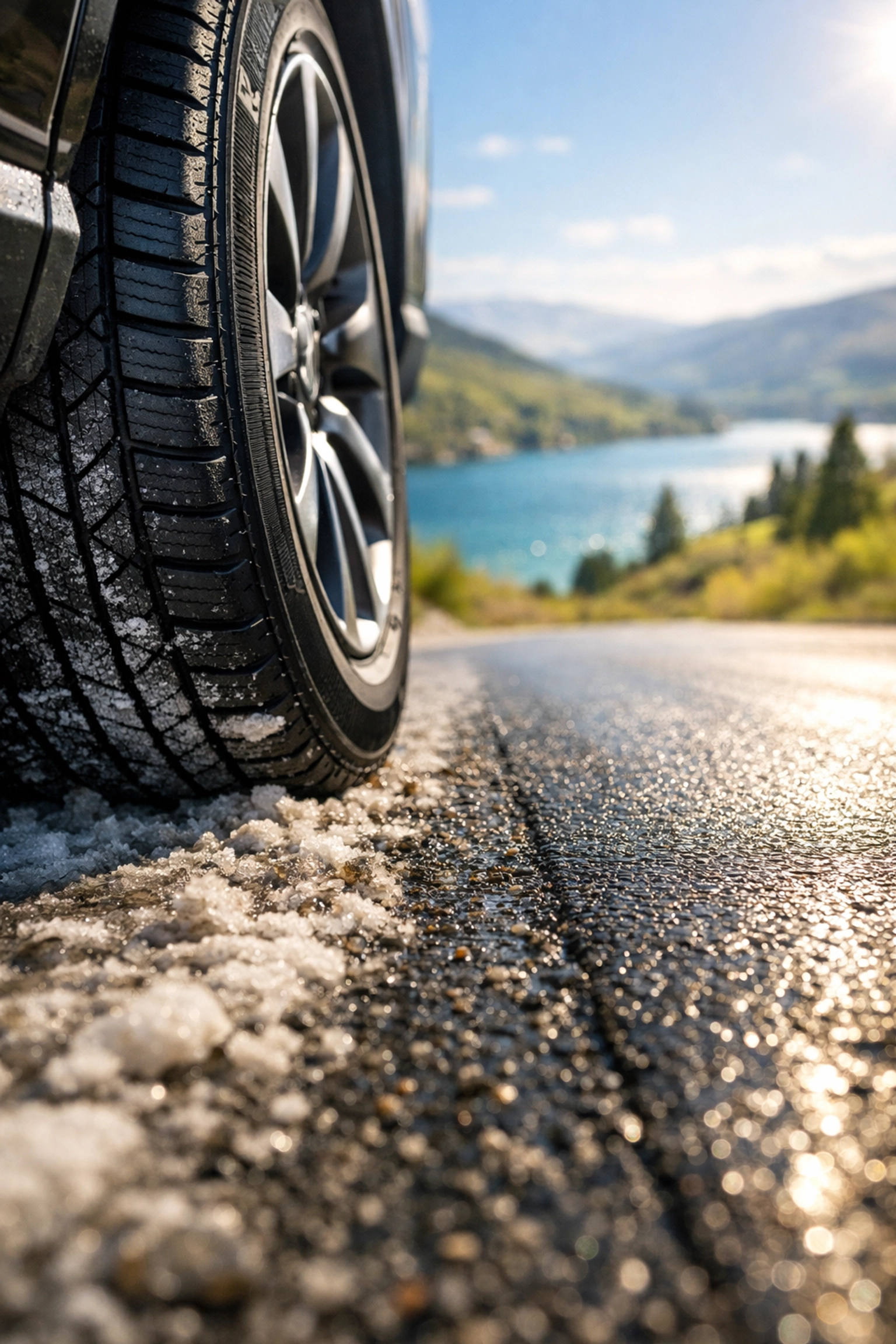 All-season car tire on clean spring asphalt in Vernon with Kalamalka Lake in the background.