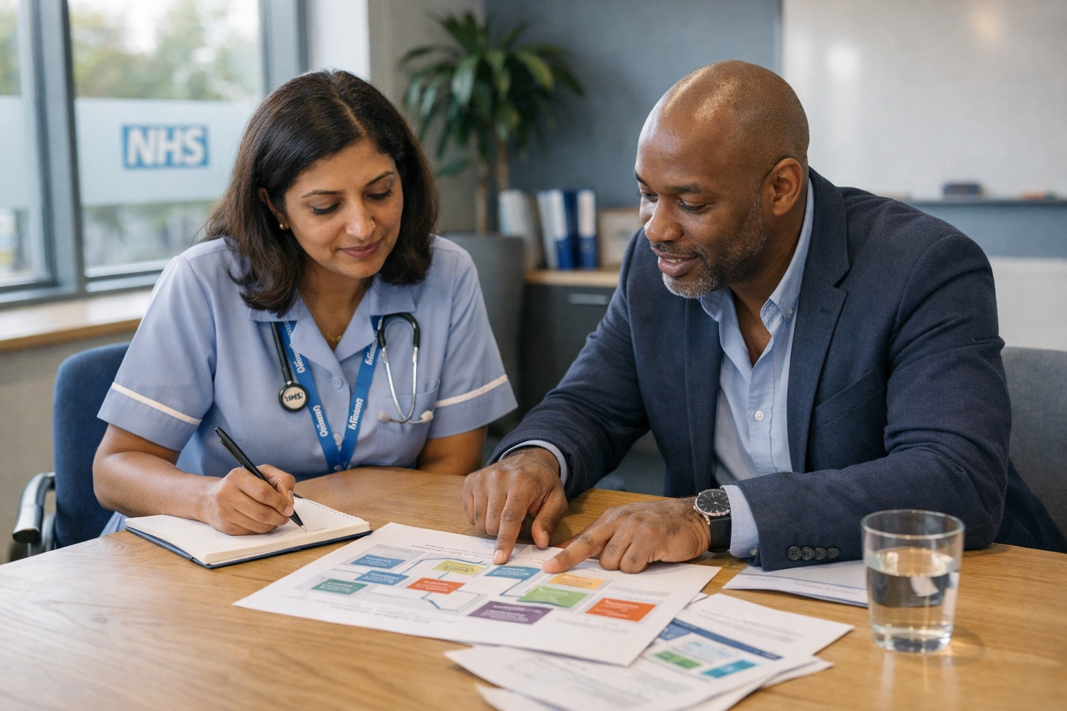 NHS clinical lead and Life Sciences partner reviewing respiratory care pathways together