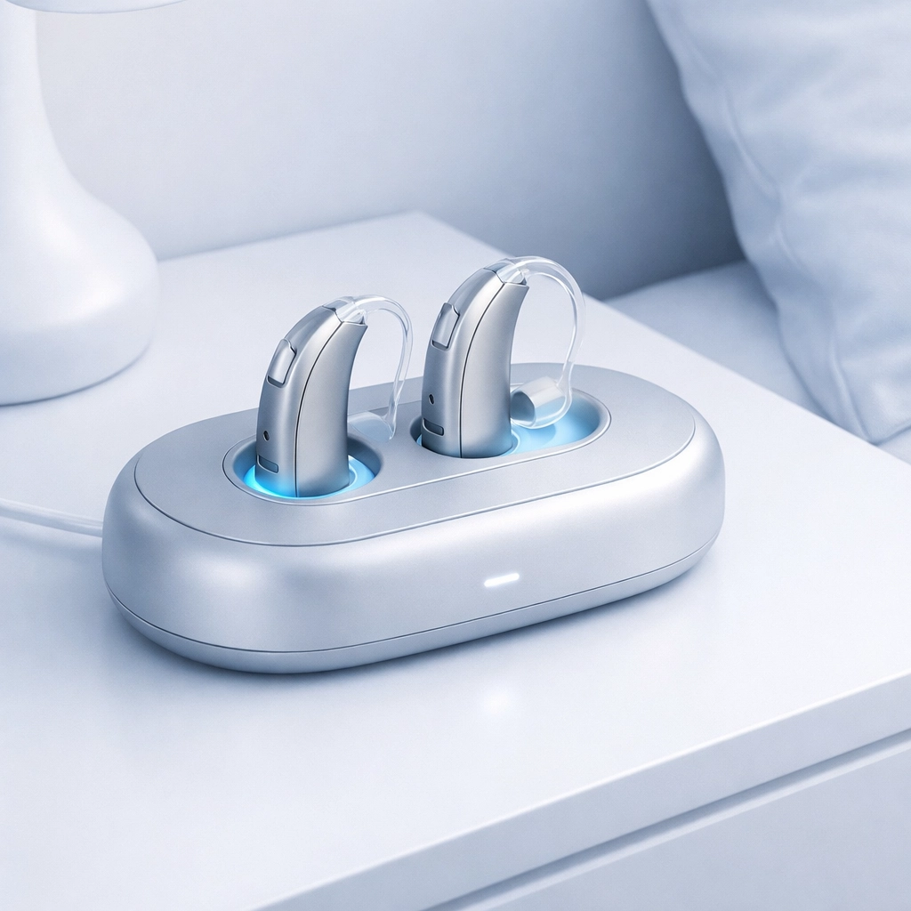 Sleek rechargeable hearing aids in a bedside charging station for convenient overnight power.