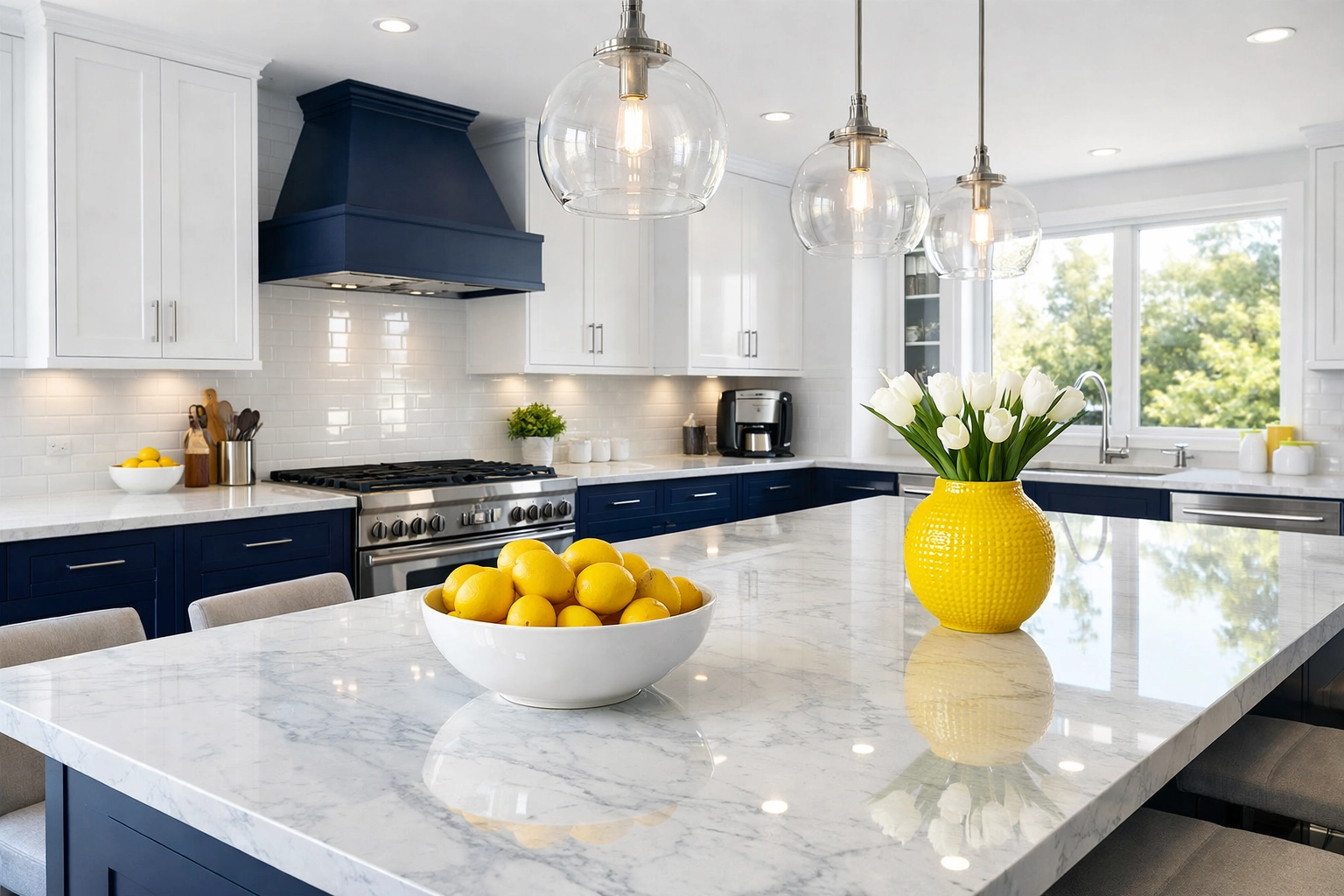 Pristine white marble kitchen in a Leominster home showing the results of affordable house cleaning.