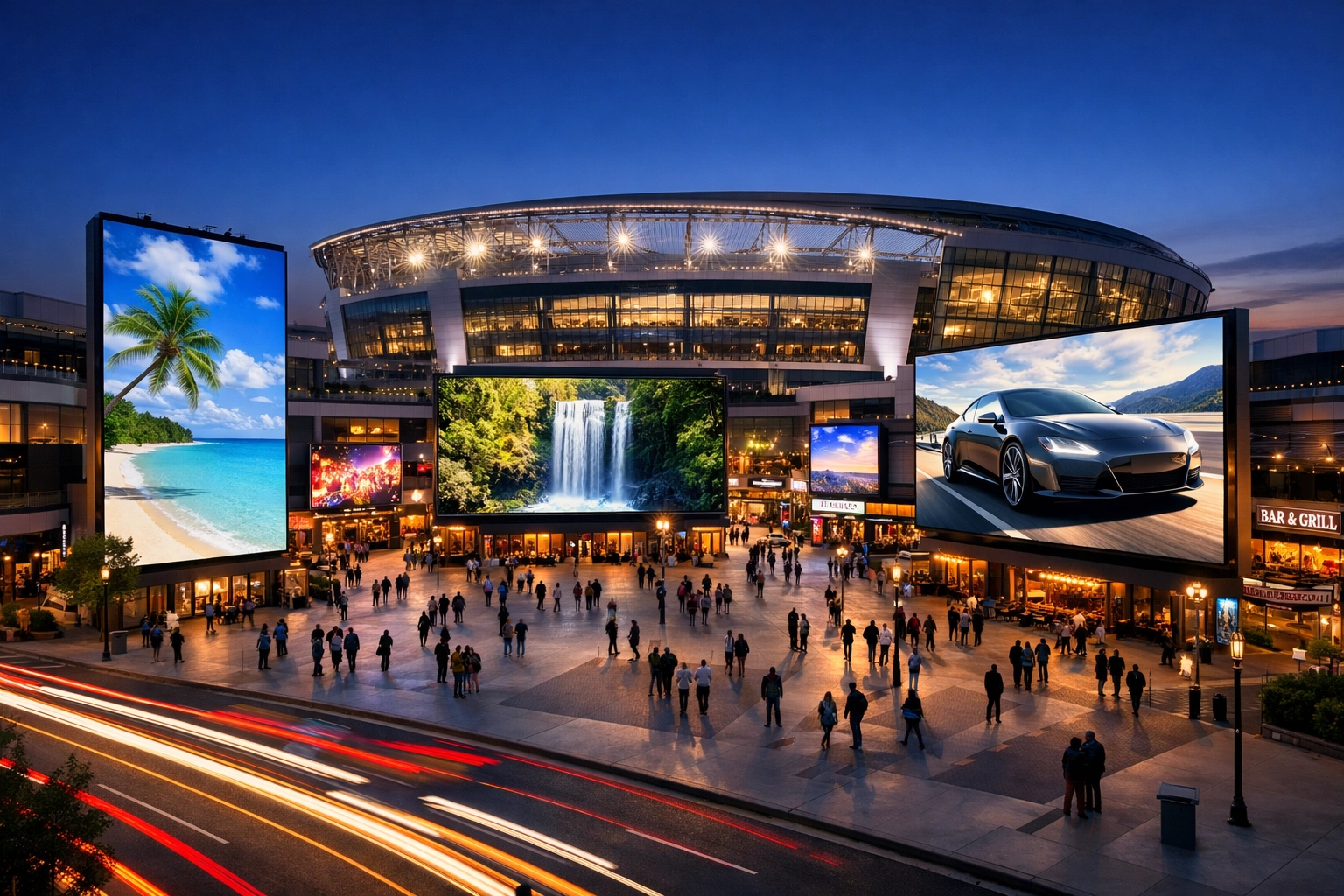 Large DOOH screens illuminating a busy sports stadium plaza during an evening event.