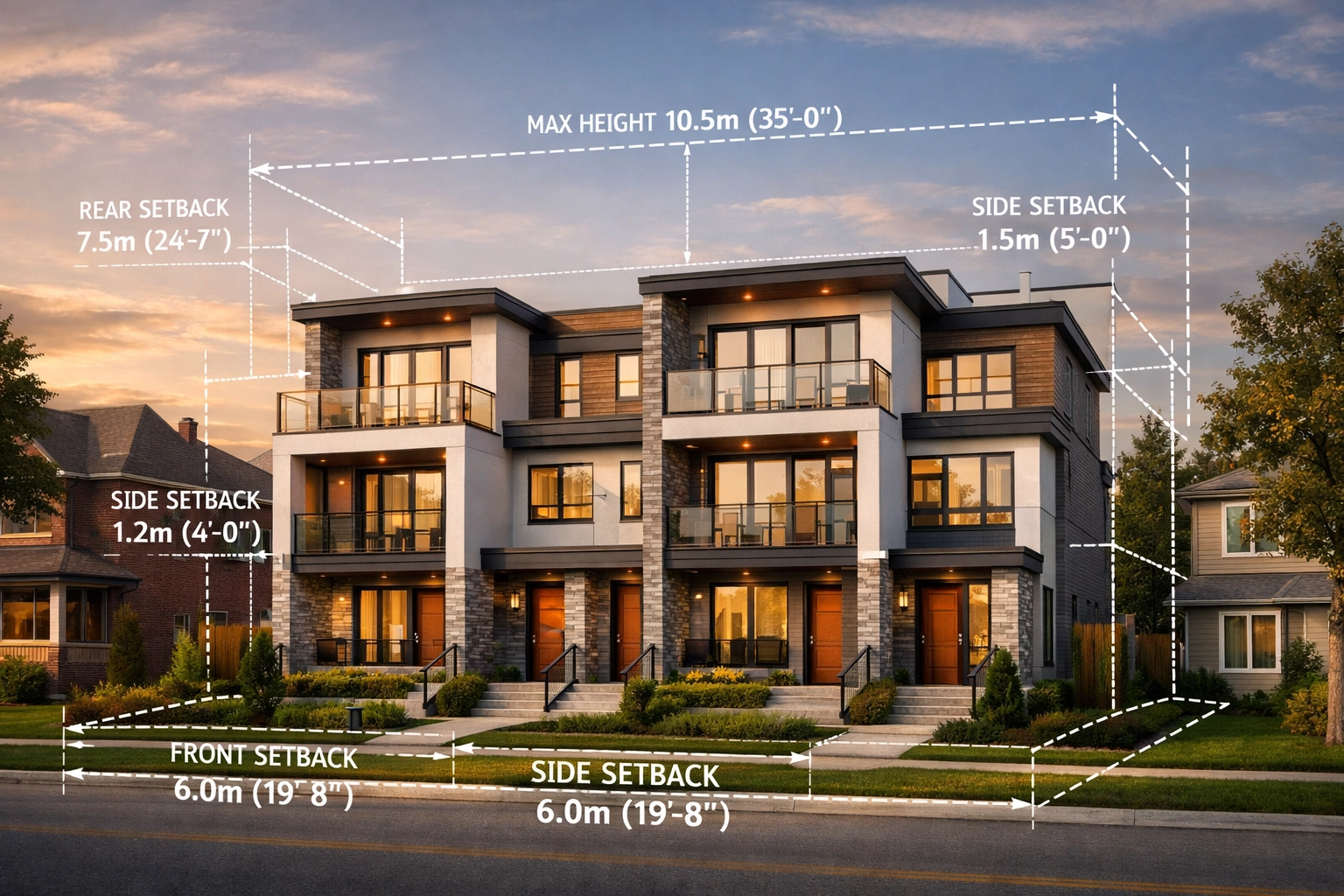 Modern 4-plex house conversion in Ontario with engineering overlays showing zoning setbacks.