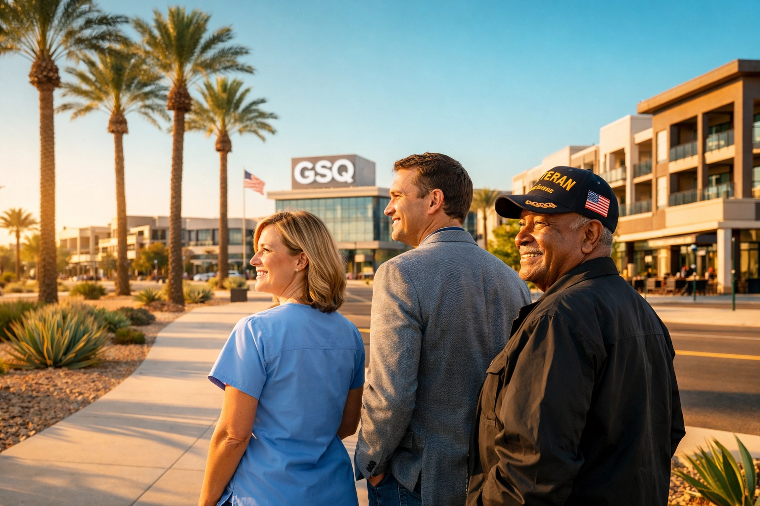 Community heroes in Goodyear AZ exploring new real estate options with Rewarding Heroes savings.