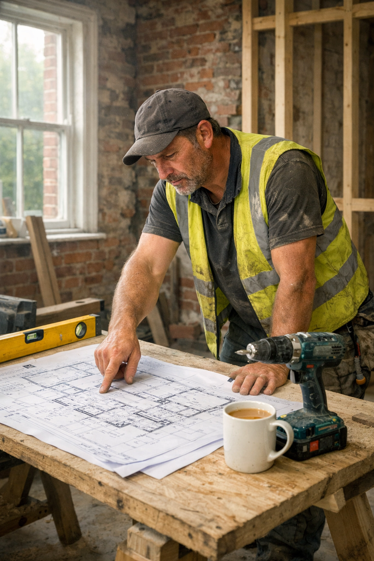 Expert builders in North London reviewing architectural blueprints for a premium home renovation.