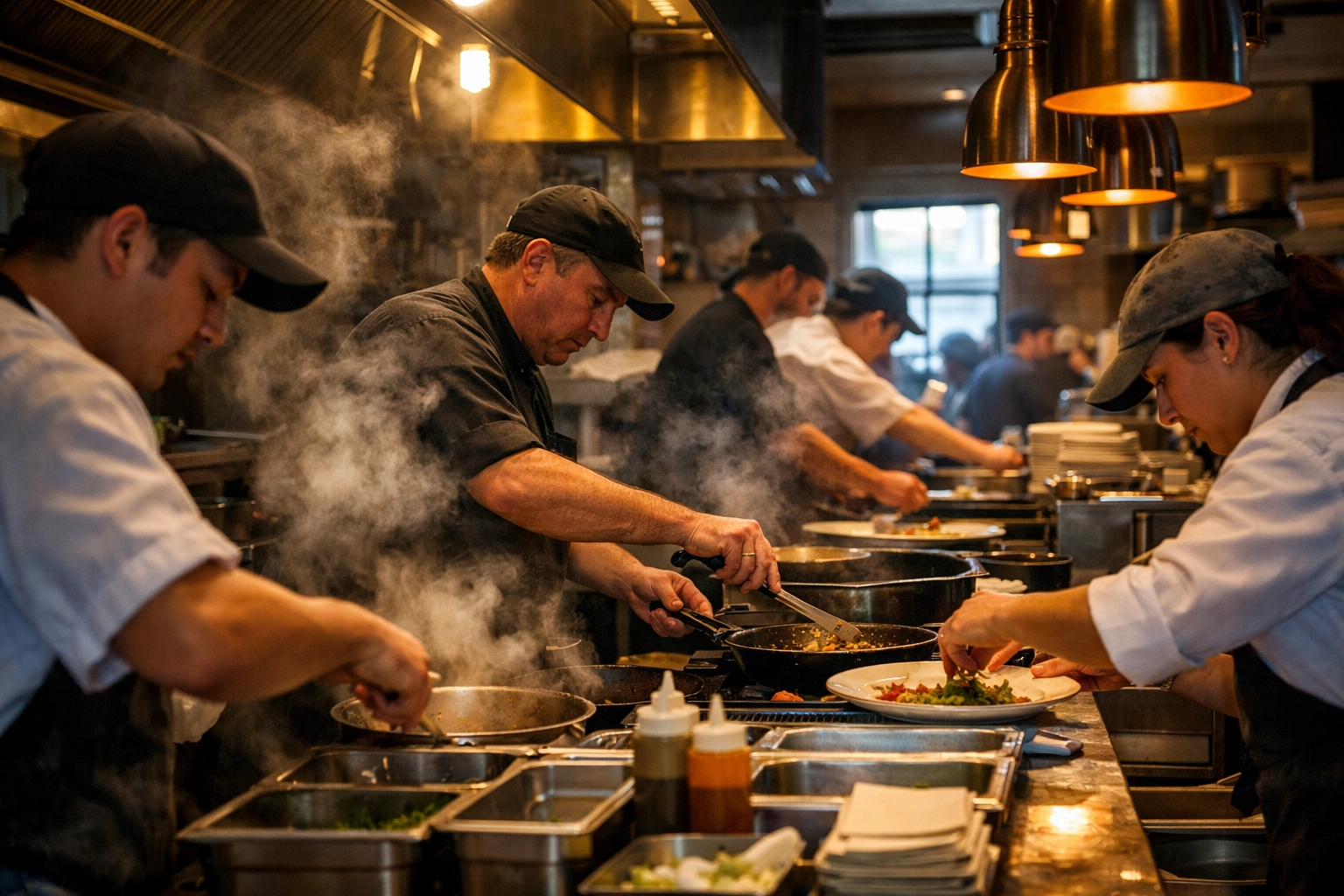 Restaurant kitchen staff working during service showing operational systems