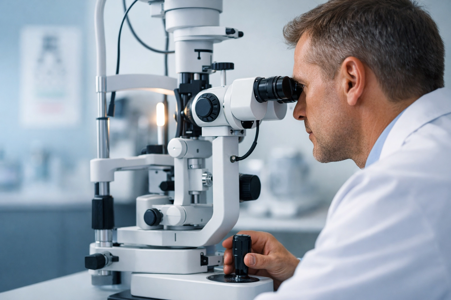 Optometrist performing a medical eye examination using a slit lamp microscope in a clinical setting.
