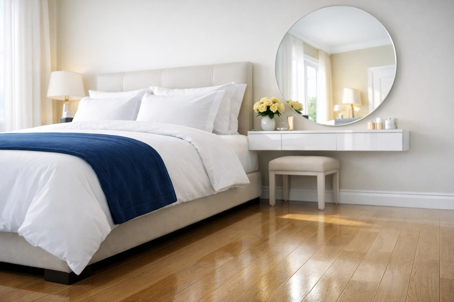 Spotless master bedroom showing professional deep cleaning results and hand-wiped baseboards in Franklin.