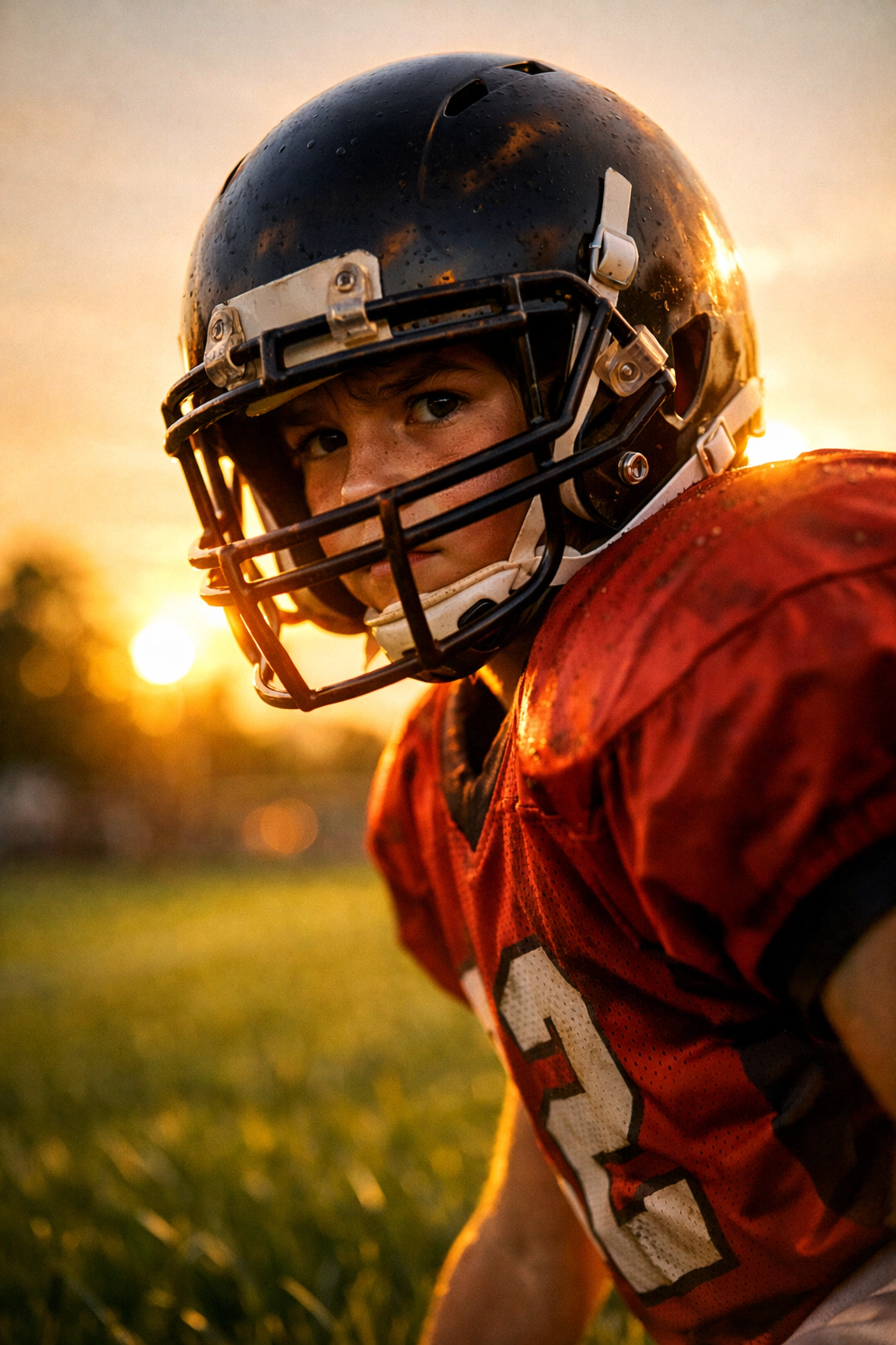 Young quarterback showing focus and determination during youth quarterback training.