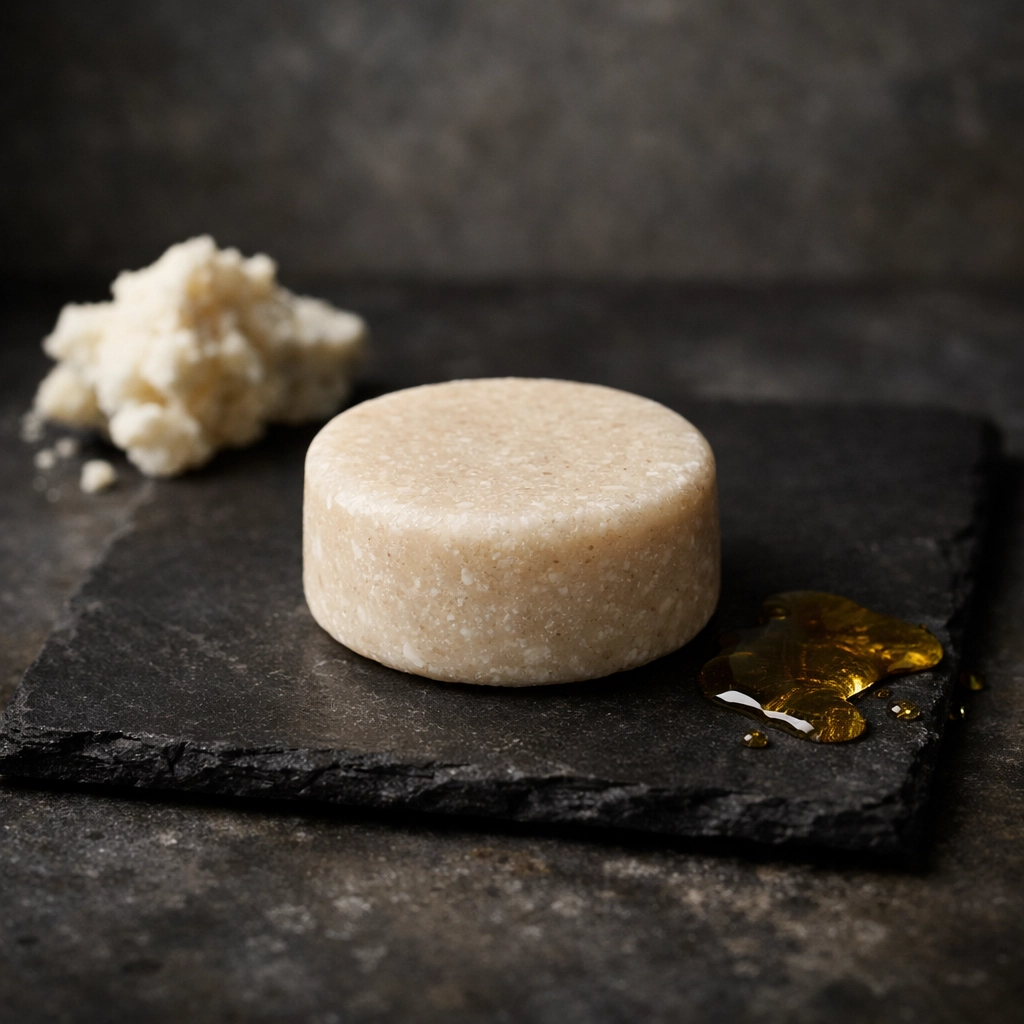 Eco-friendly solid beard wash bar on slate with natural shea butter and castor oil ingredients.