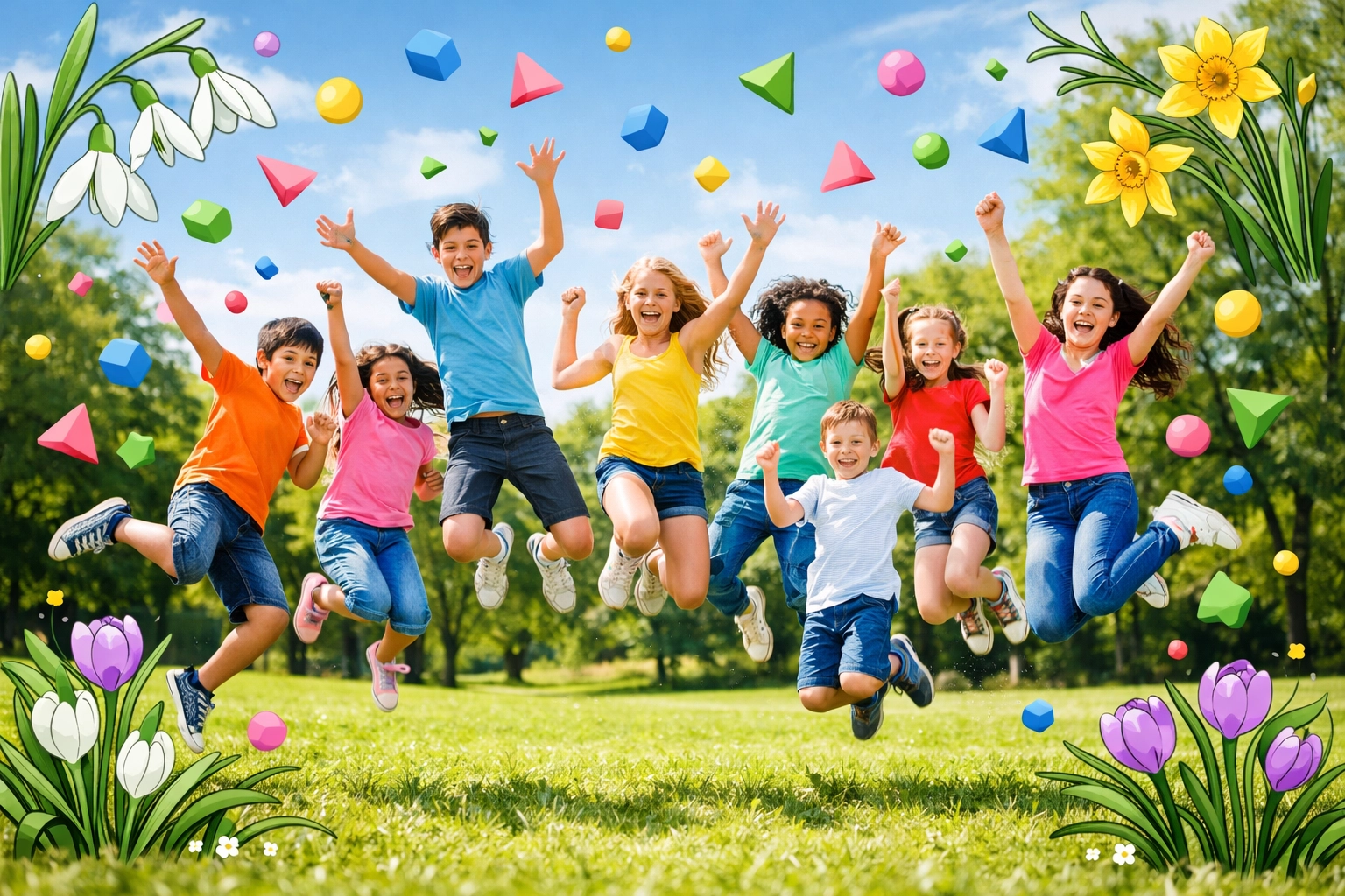 Joyful kids and teens jumping in a park during the Easter Life Skills Bootcamp challenge.