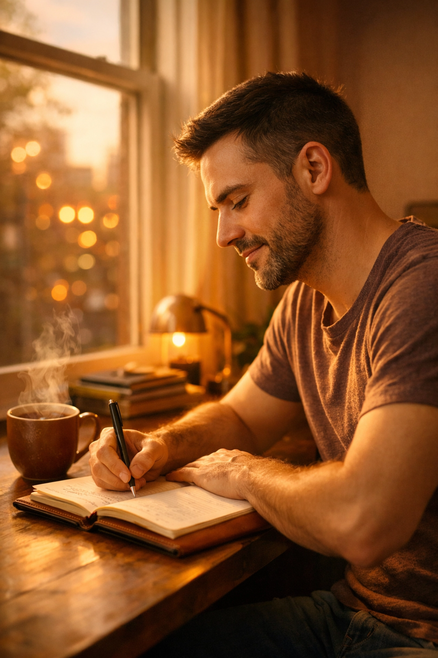 Gay man journaling for emotional healing and self-reflection after breakup