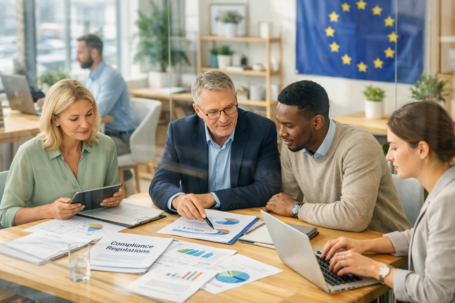 European team working on ServiceNow DORA compliance documentation in modern office