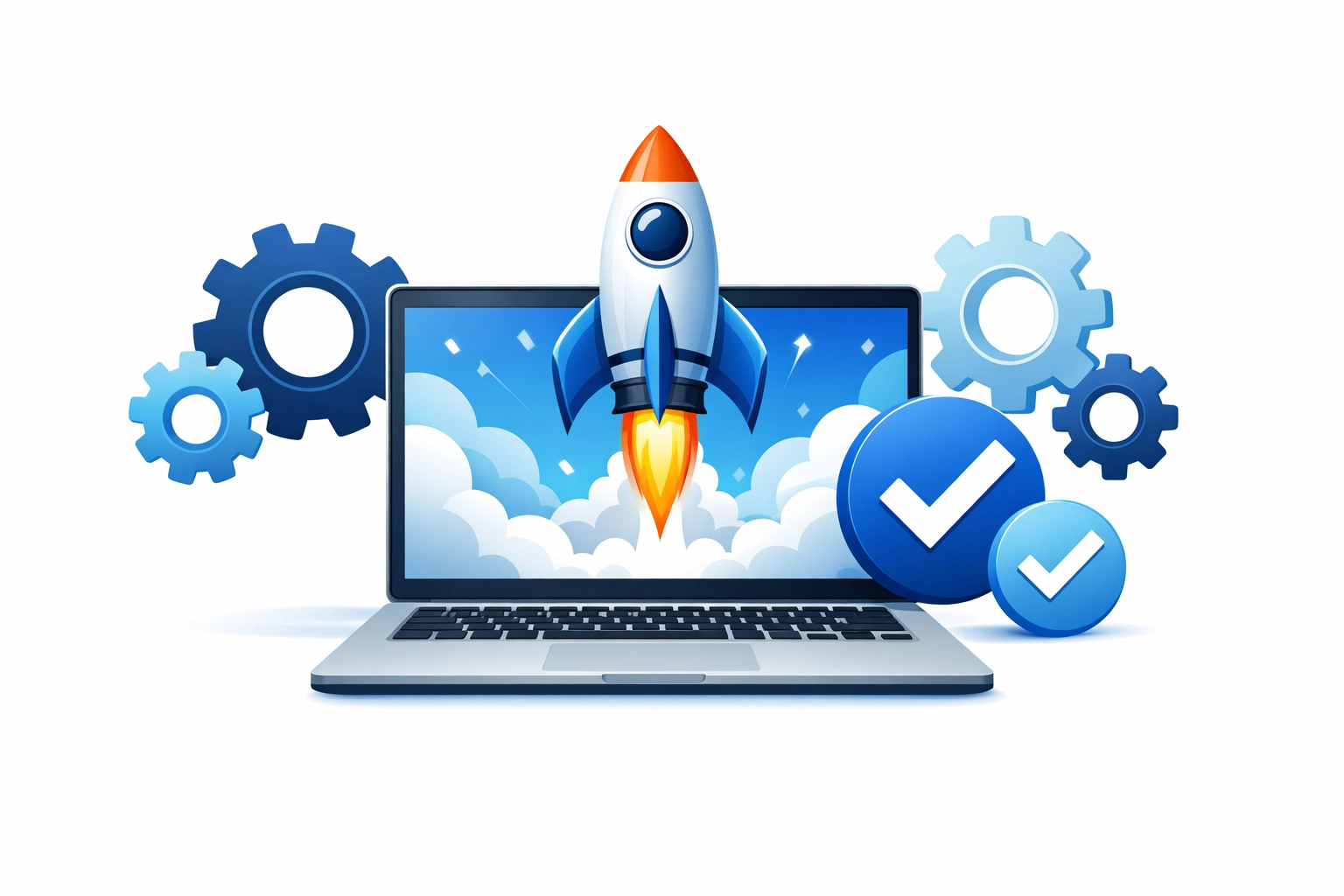 A rocket launching from a laptop symbolizing high-speed web hosting and optimized website growth.