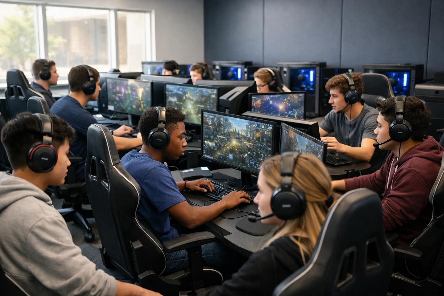 High school students collaborating in an esports training center highlighting educational sponsorship opportunities.