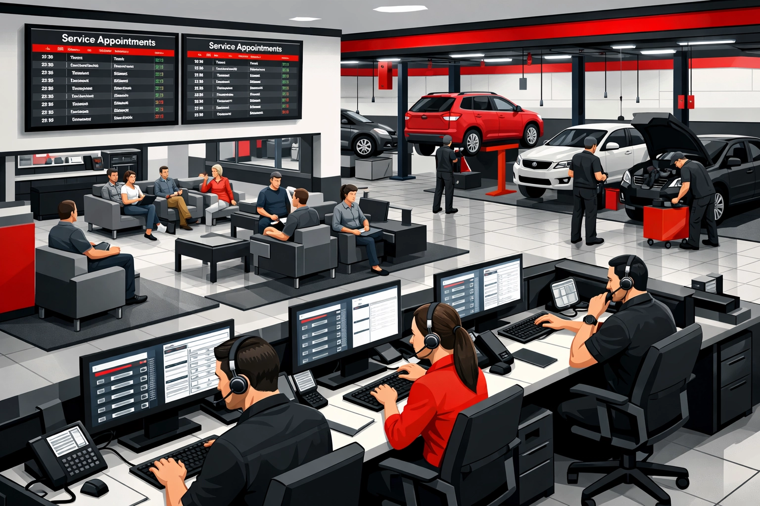 Busy dealership service department managing Stellantis recall appointments efficiently