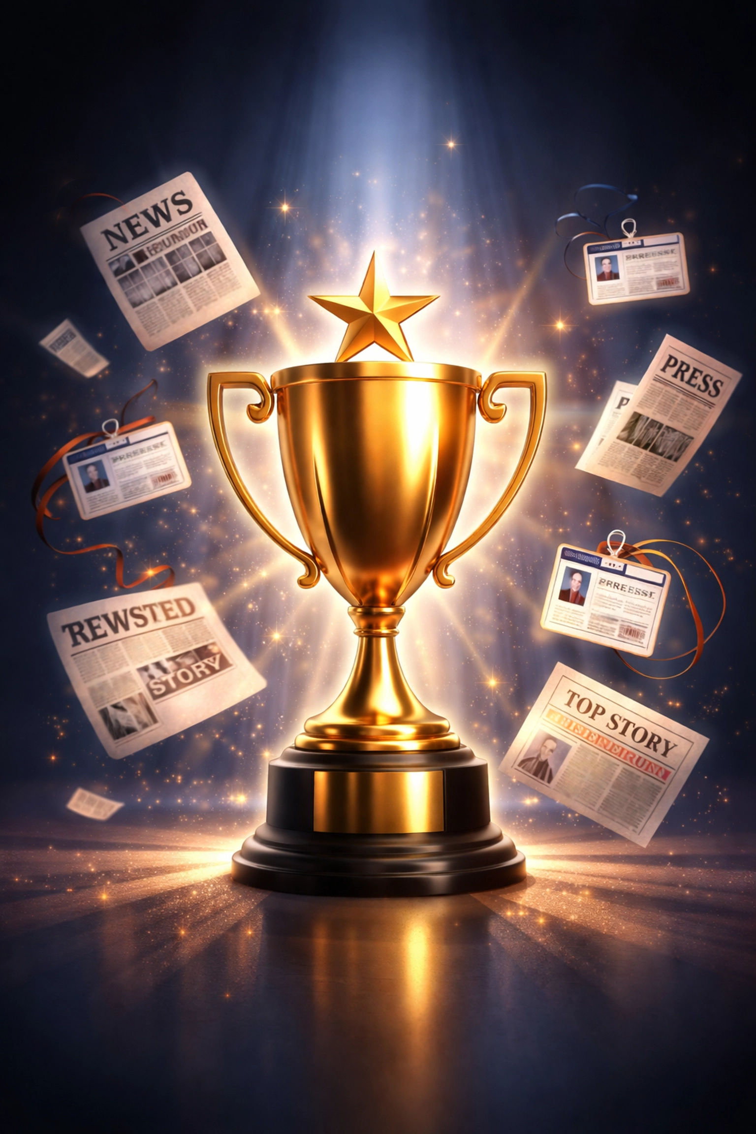 A golden trophy surrounded by newspaper clippings and media badges representing PR credibility and trust.
