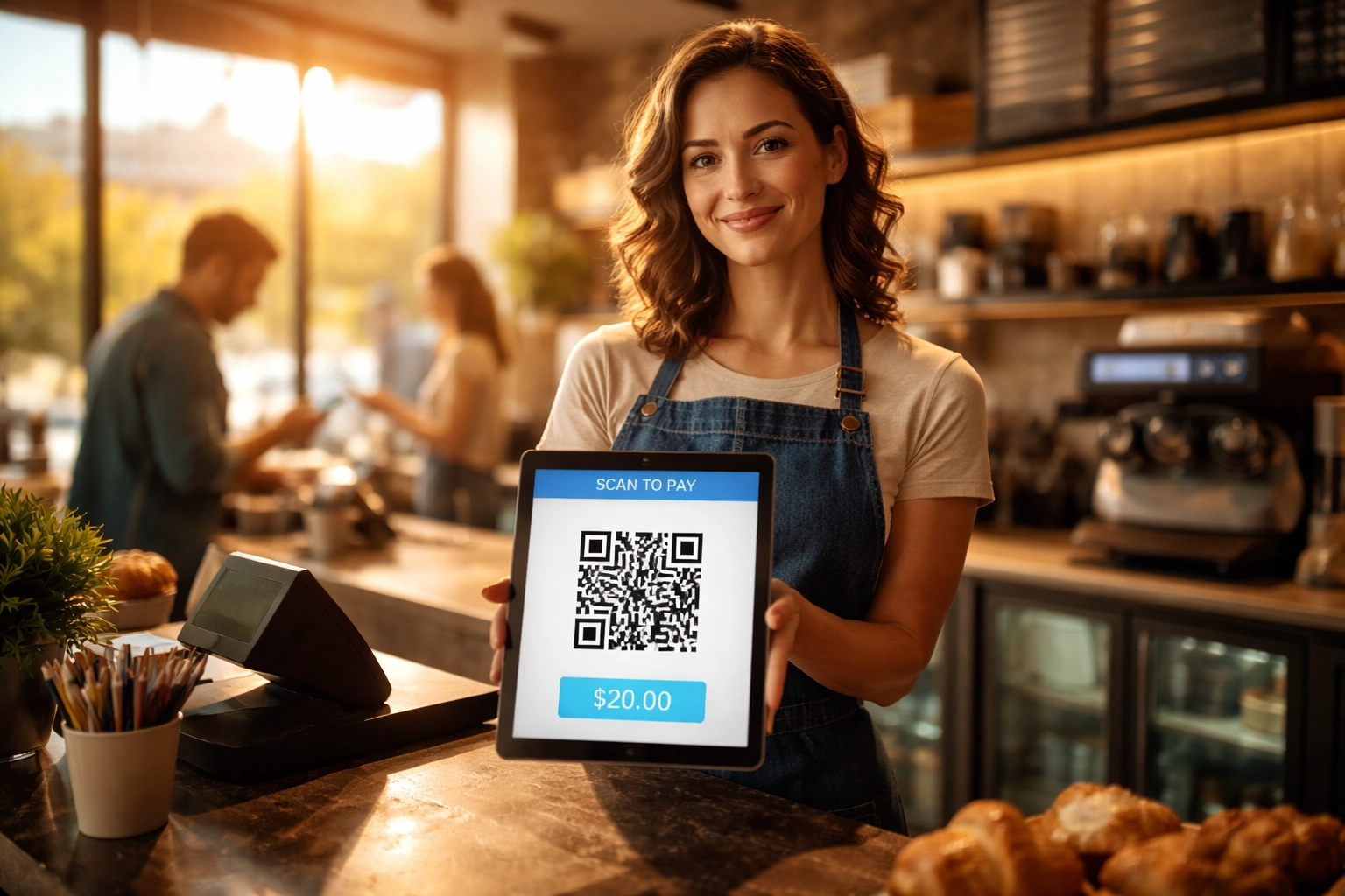 Small business owner accepting crypto payments with simple QR code setup on tablet at coffee shop