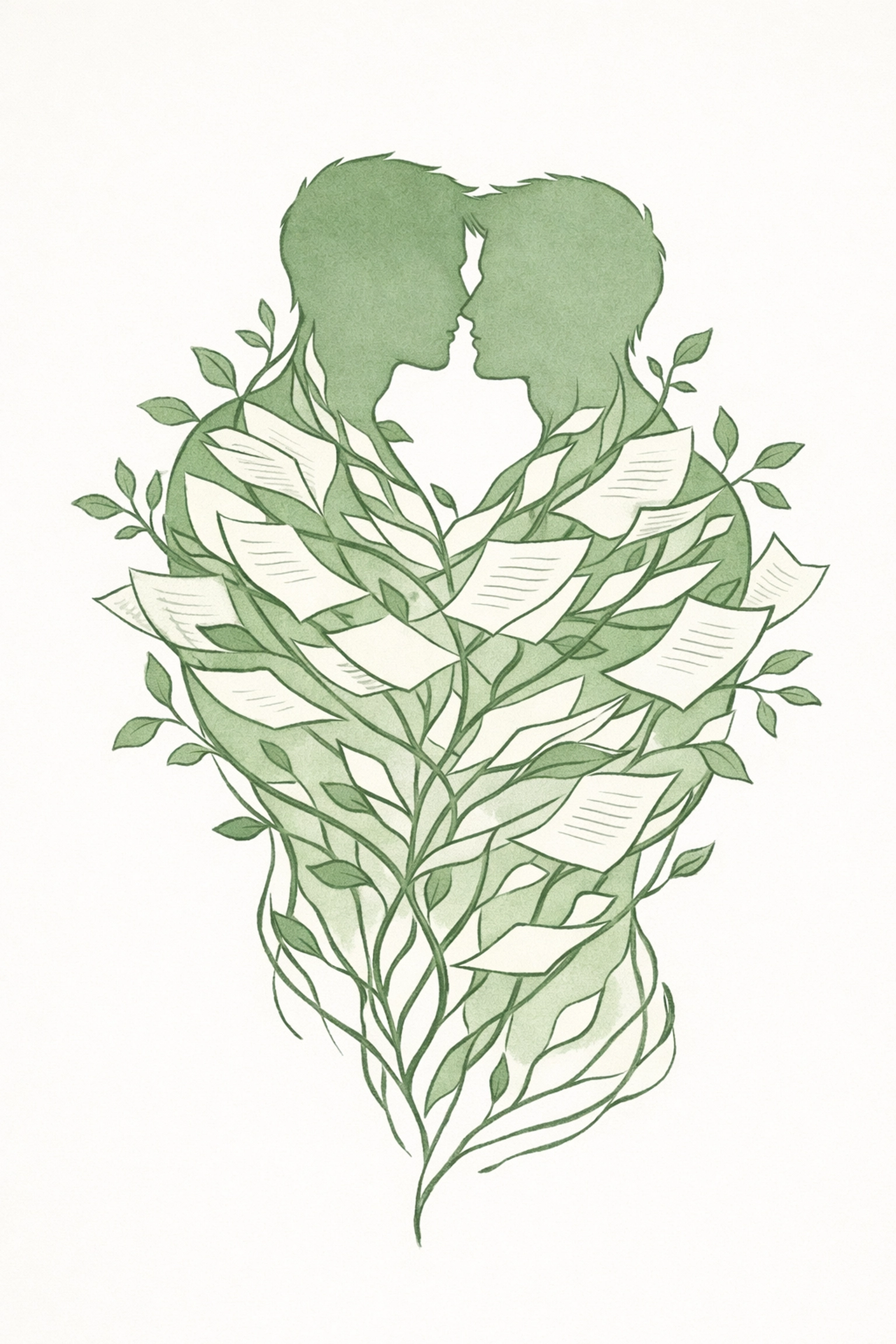 Merged silhouettes symbolizing unity of literary craft and emotion in MM romance