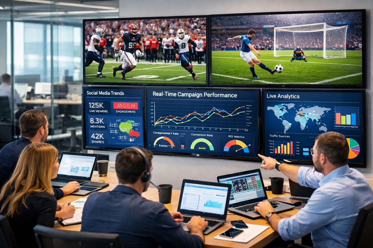Marketing professionals in a modern command center monitoring Super Bowl social media and digital analytics.