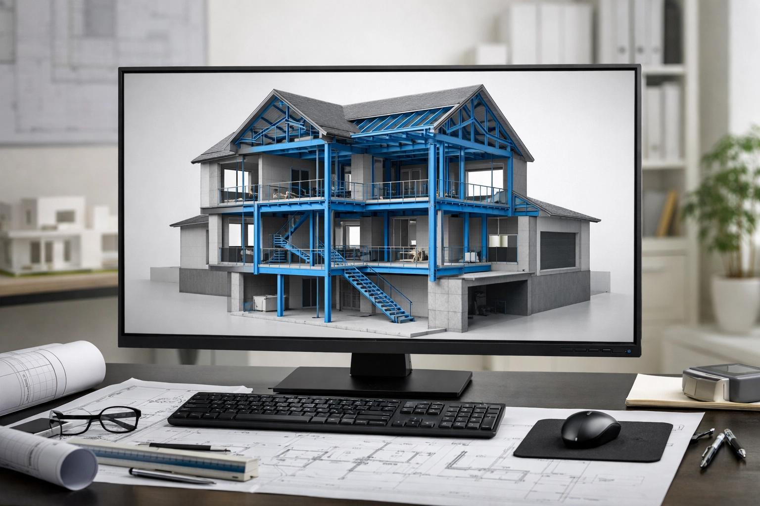 Architect using BIM software to coordinate structural RSJ calculations for a smart London renovation.