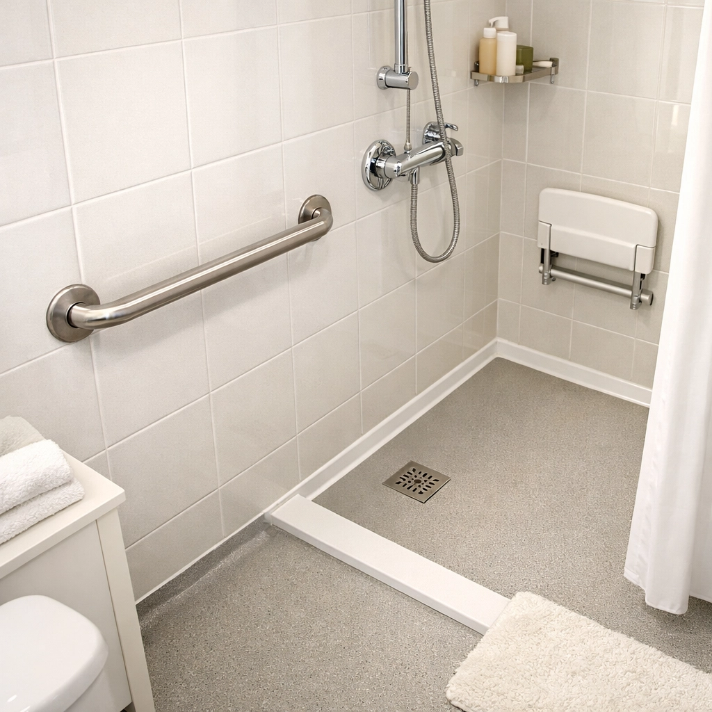 Sturdy metal grab bar installed in a modern bathroom to improve safety and prevent falls.