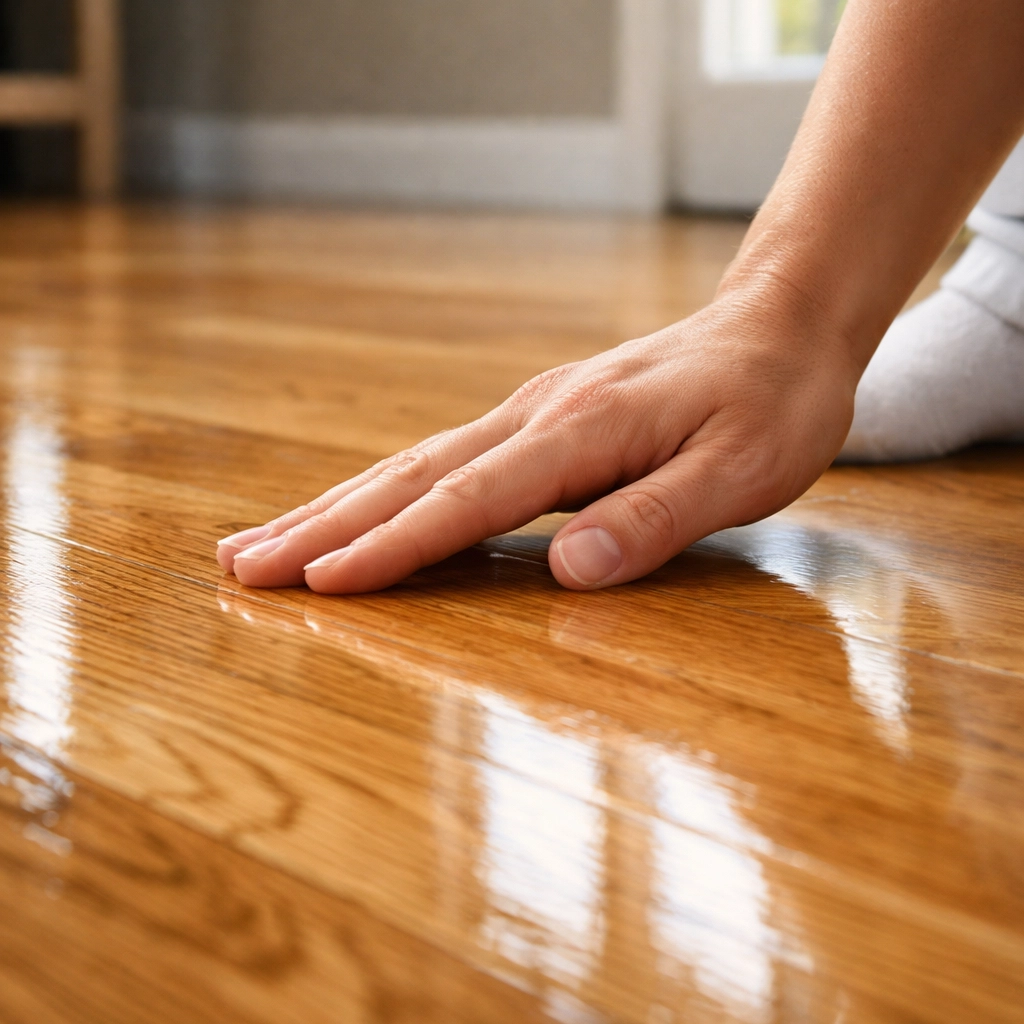 Testing dryness of water-based hardwood floor finish in Chicago home