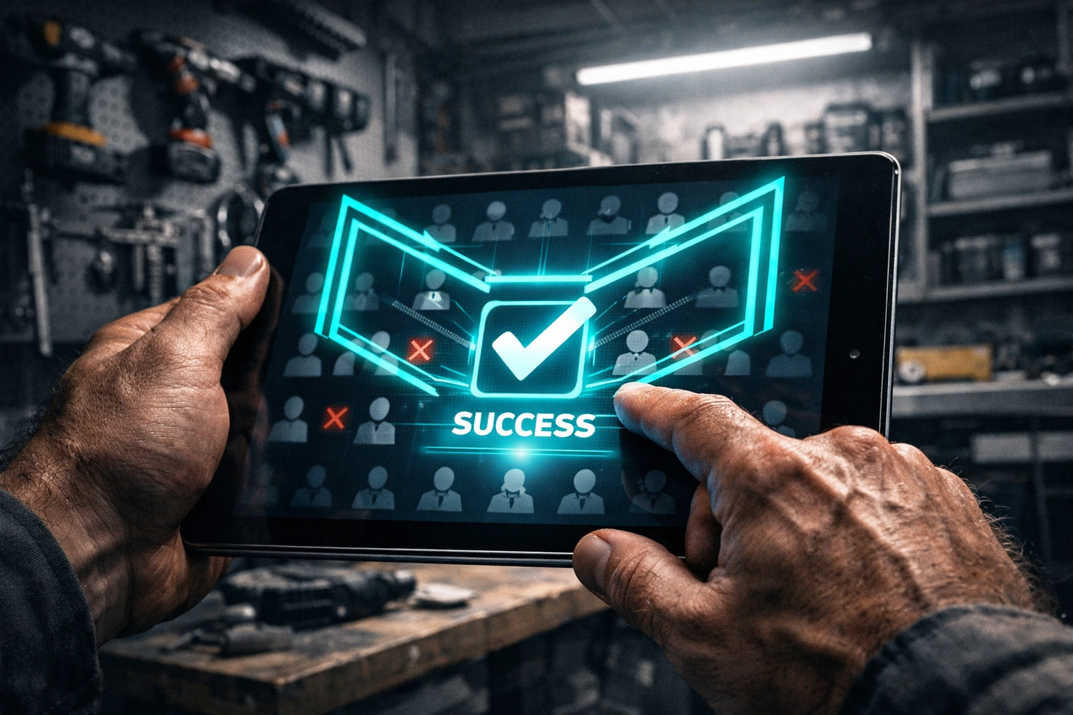 Contractor using a tablet to filter high-quality prospects for successful lead generation for trades.