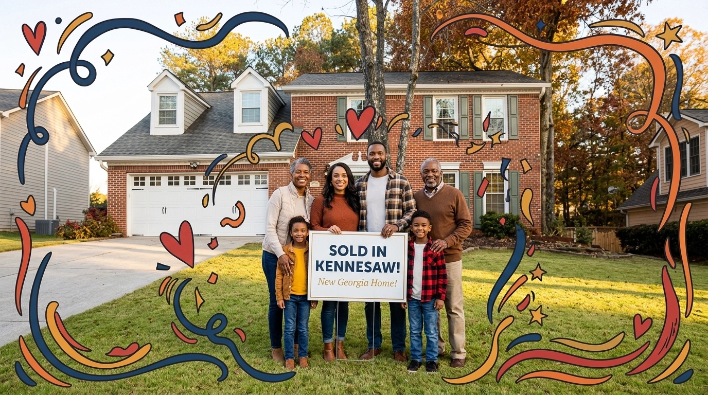 Happy family in front of their new traditional brick home in Kennesaw Happy family in front of their new traditional brick home in Kennesaw
