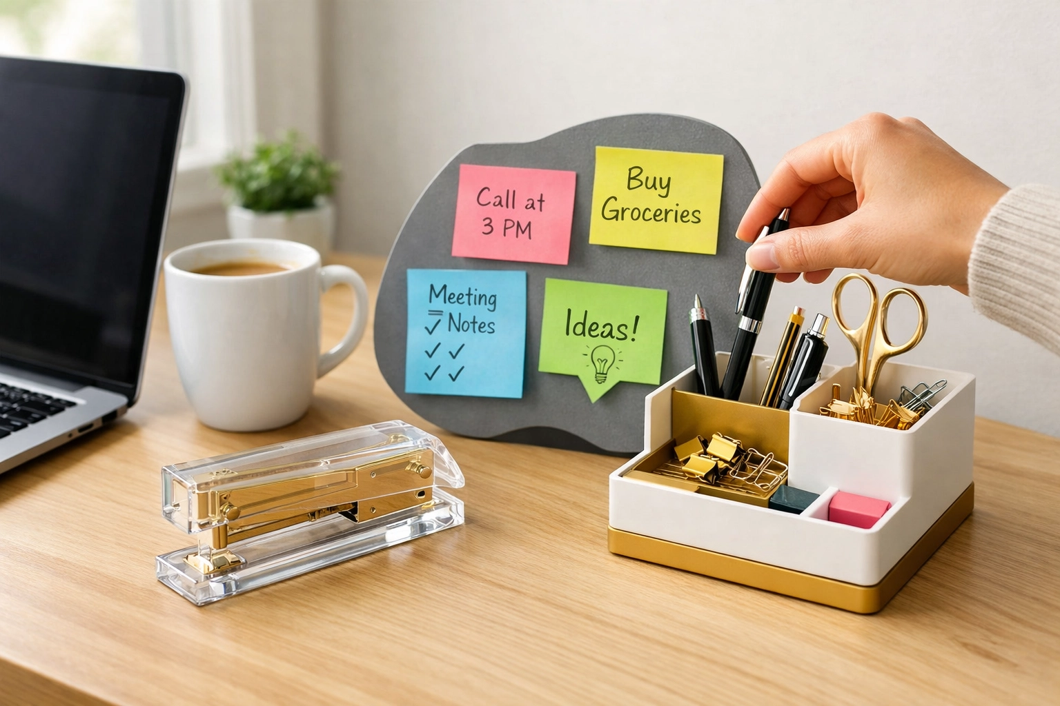 Transparent stapler and custom shape memo board on modern home office desk with sticky notes
