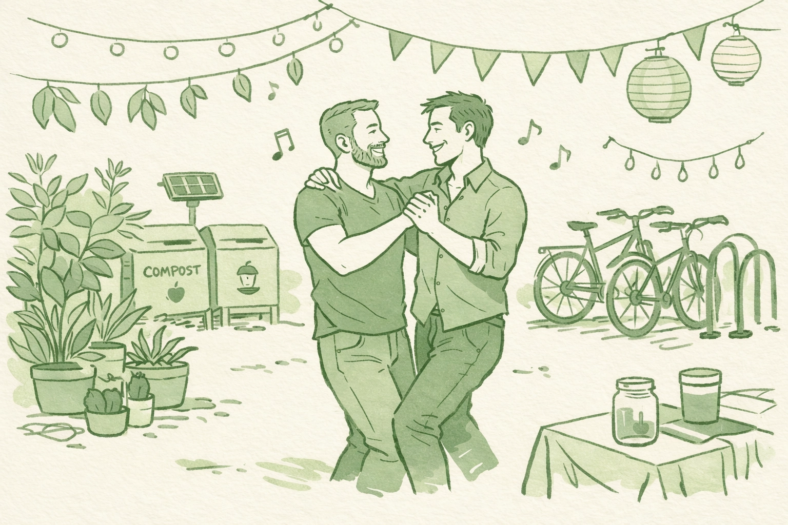 Two men dancing at eco-conscious queer party with sustainable decorations and solar lighting