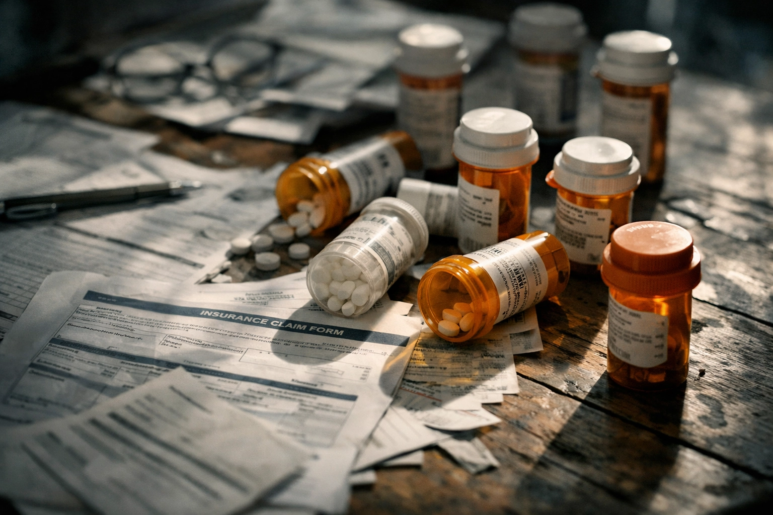 Prescription pill bottles and medical paperwork showing the overwhelming reality of addiction recovery