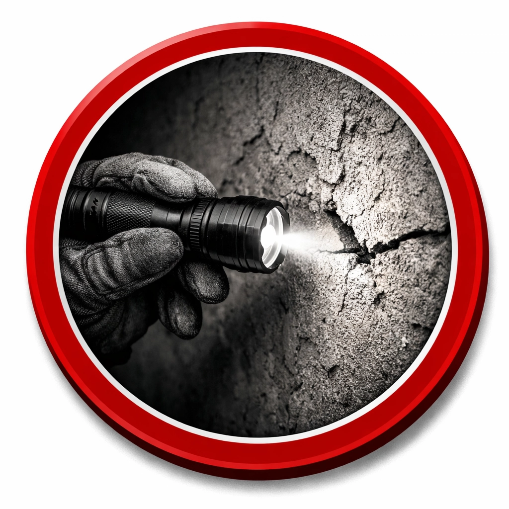 Pest control expert in Coolidge AZ inspecting a wall crevice for entry points with a flashlight.