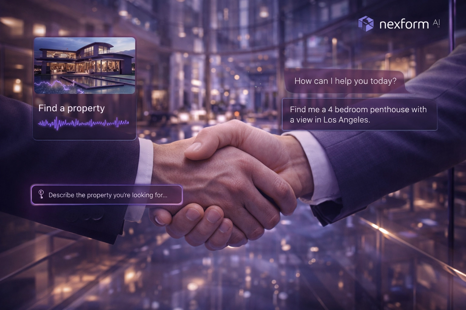 Professional handshake in a modern office lobby symbolizing a successful real estate deal.