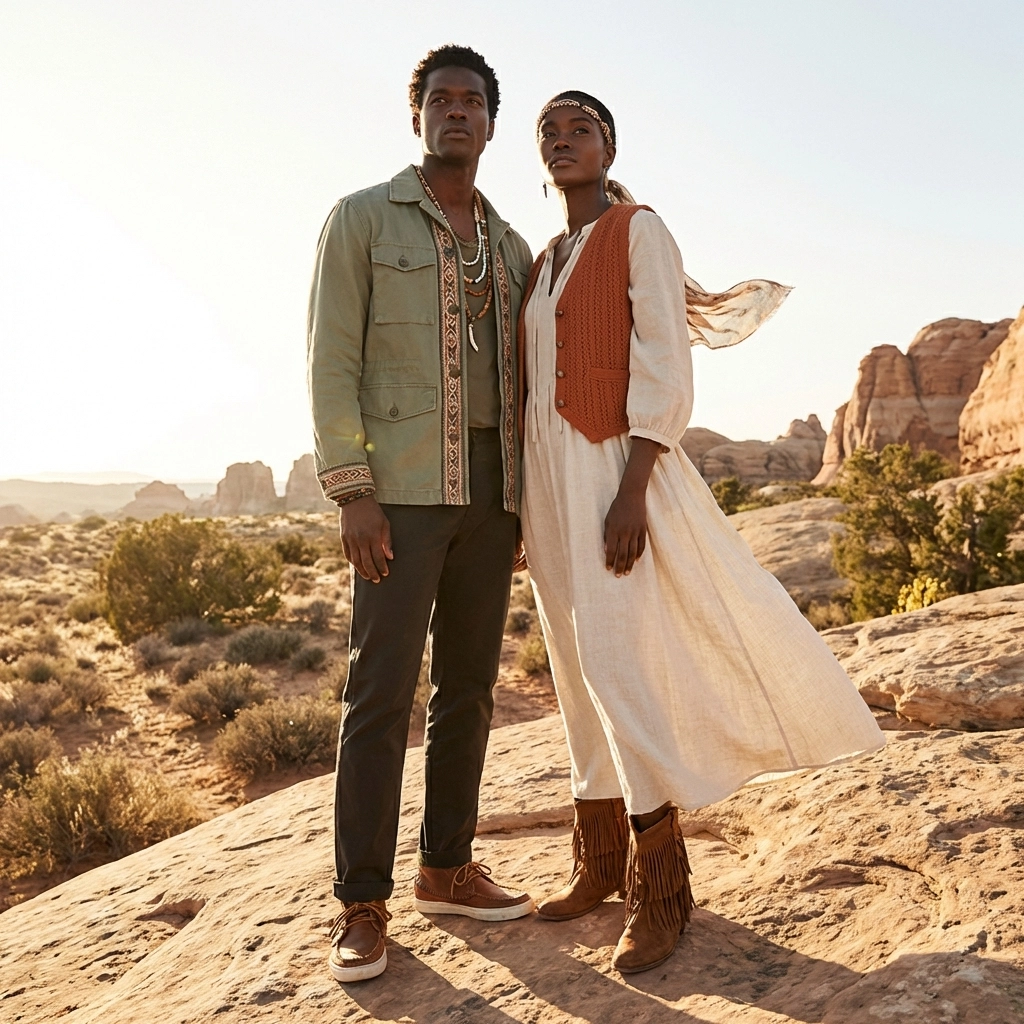 Black man and woman wear Native-inspired streetwear sneakers in a desert, showing modern cultural pride and heritage