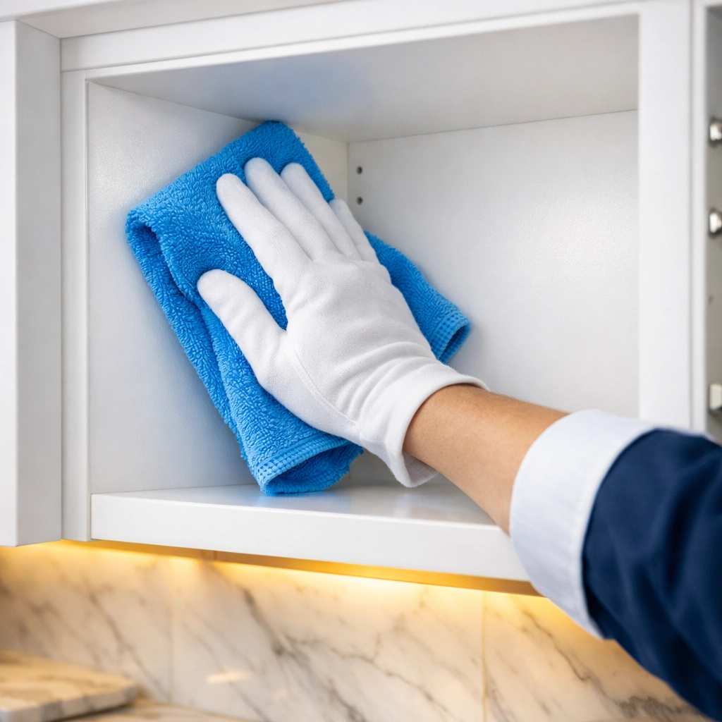 Detailed post construction cleaning Carlisle inside high-end white cabinetry to remove renovation dust.