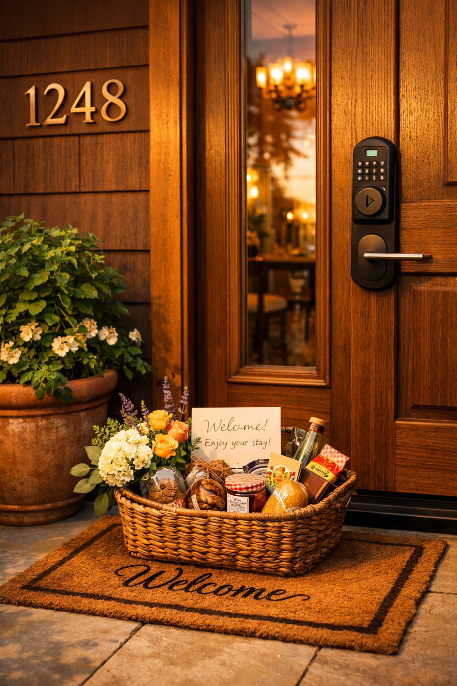 Luxury vacation rental entrance with smart lock and welcome basket for seamless guest check-in