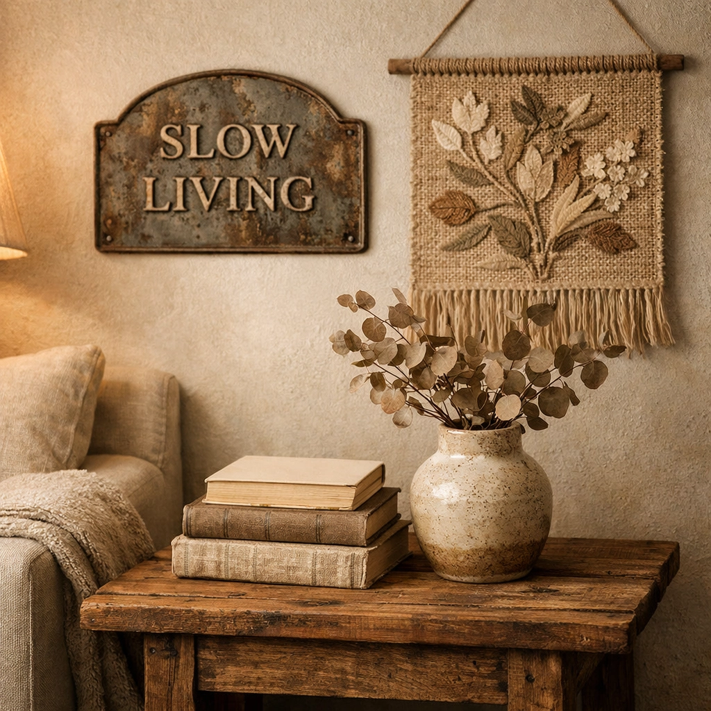 Cozy home interior featuring timeless artisan decor and sustainable reclaimed wood furniture.